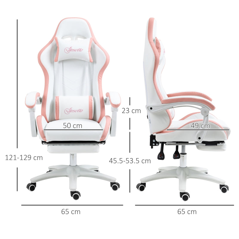 Computer Gaming Chair with Footrest, 135° Reclining Back, Lumbar Support, White and Pink PU Leather