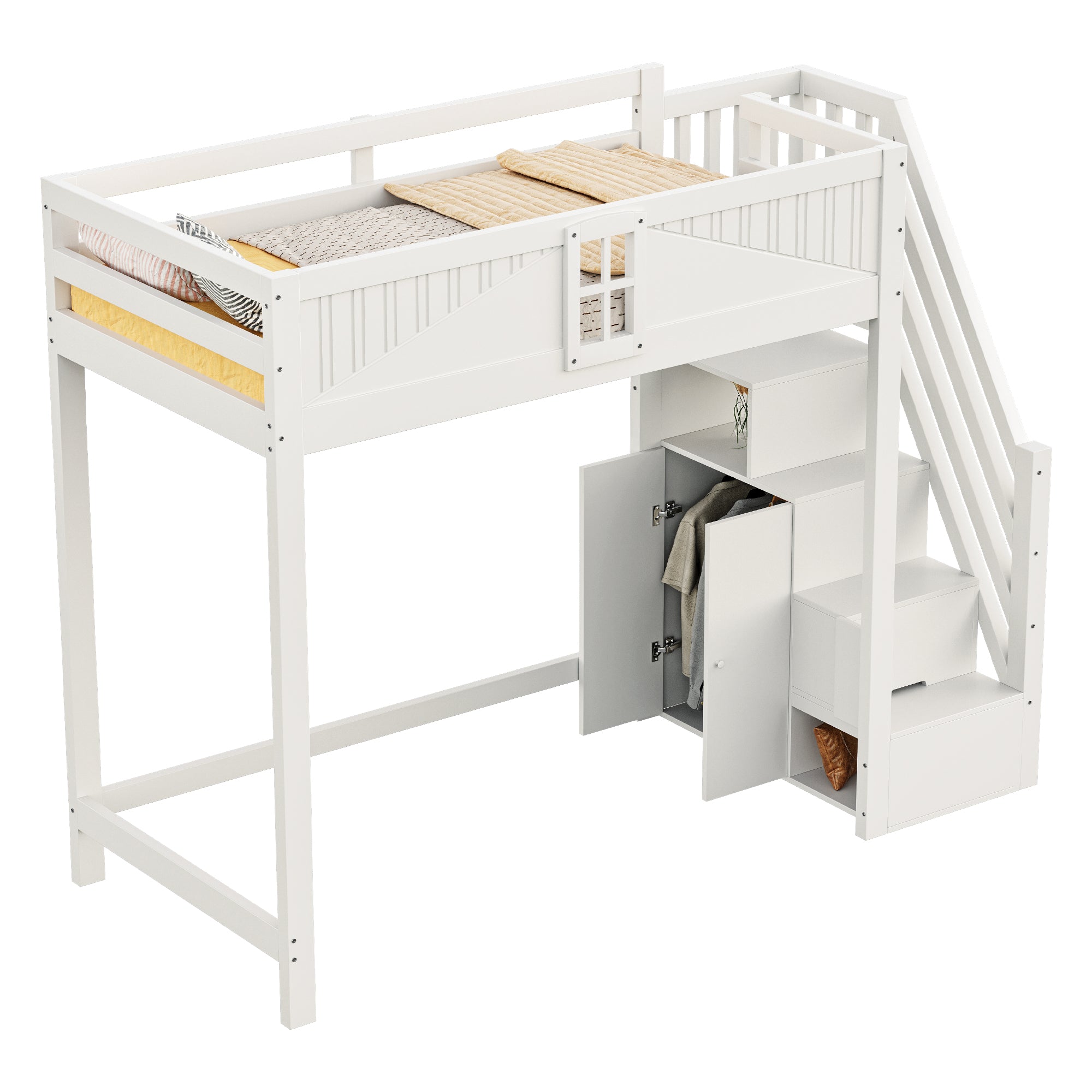 Loft Bed, Multifunctional with Safety Door & Storage, Solid Wood White