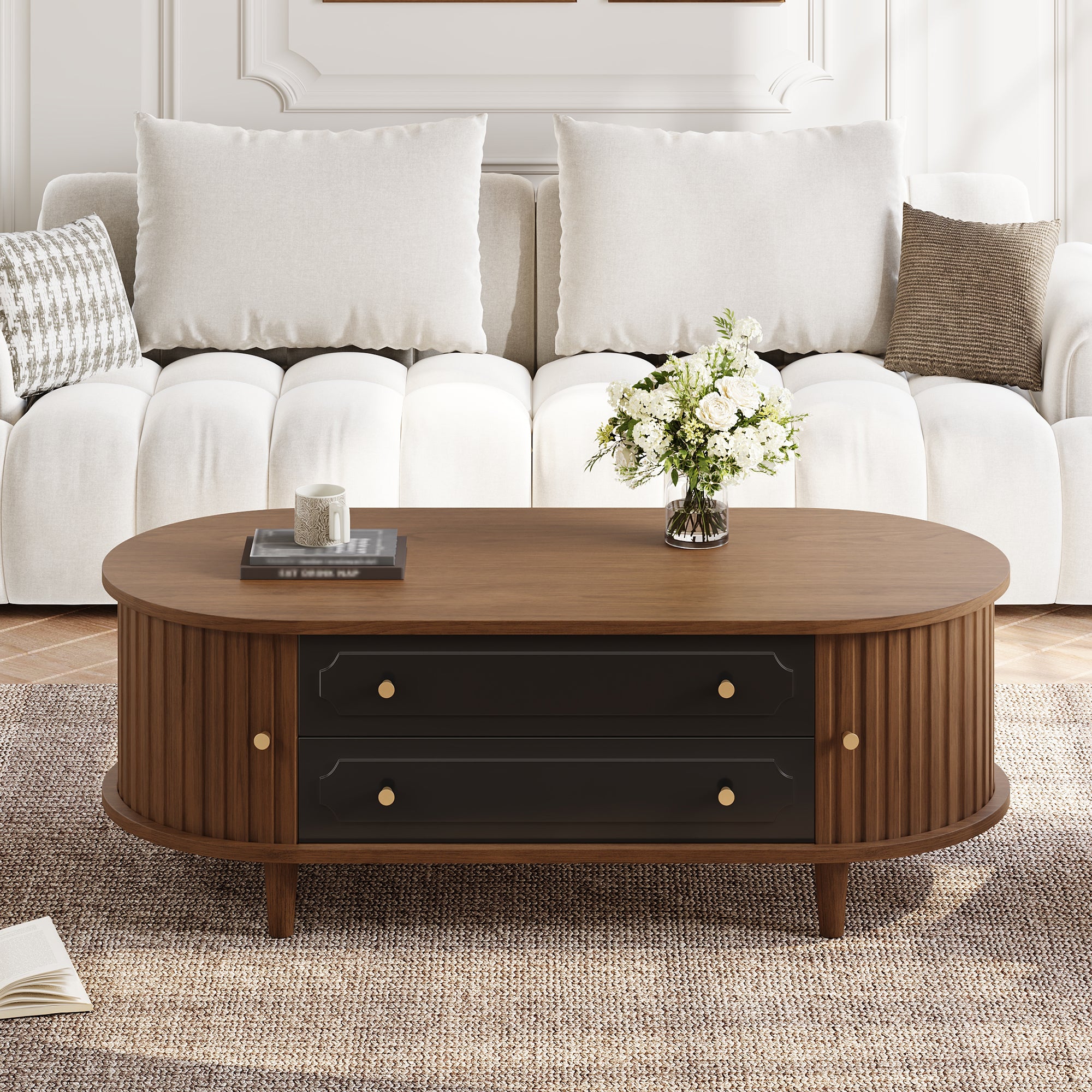 Coffee Table with 2 Drawers and Roll-up Doors, Walnut and Black