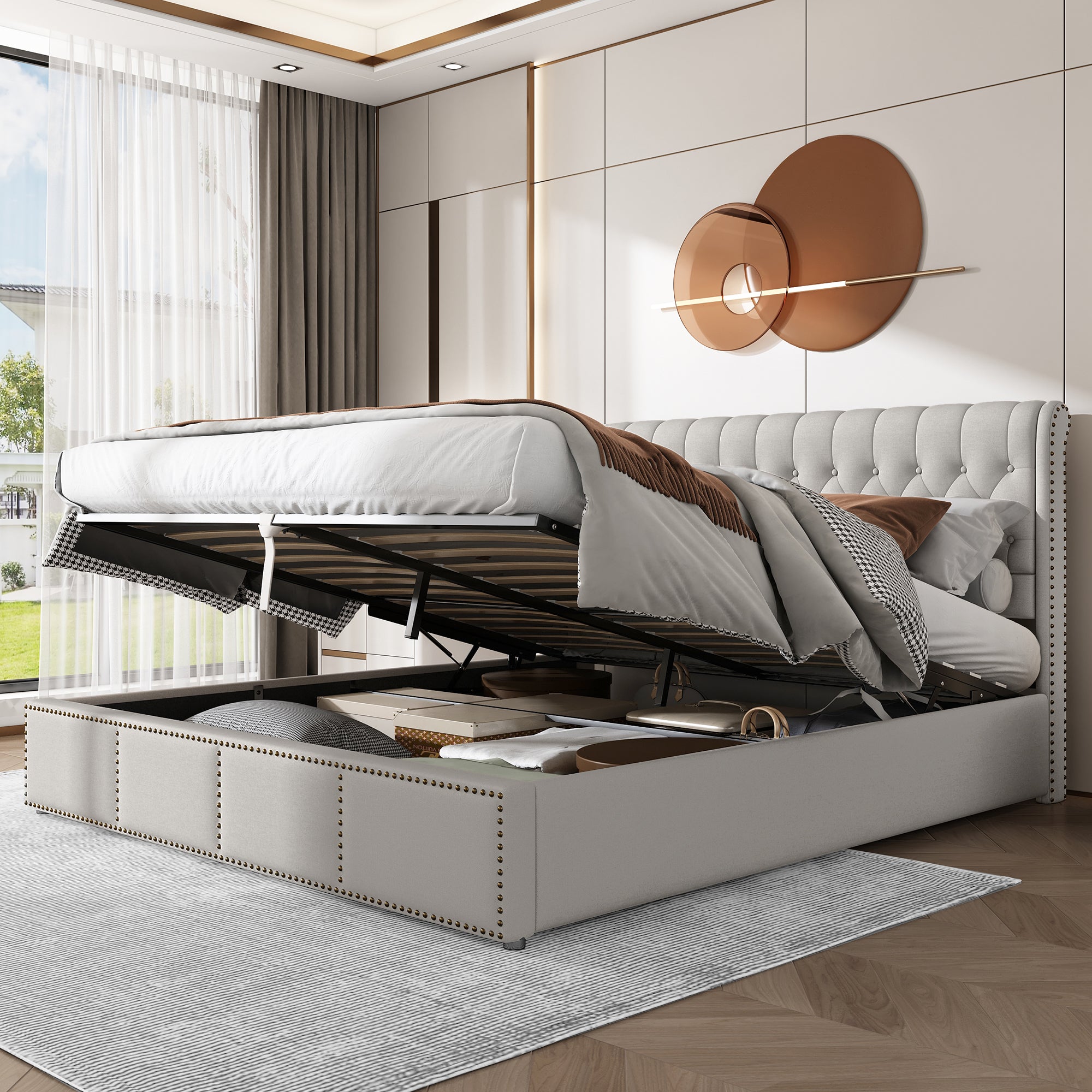 Upholstered Bed, 4ft6 Double (135x190cm) with Hydraulic Lever, Functional Storage, and Rivet Decoration, Light Grey Linen