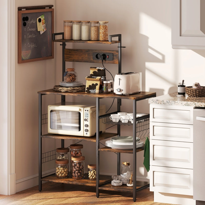 Kitchen Shelf Freestanding 5-Tier 2 Sockets 5 Hooks Basket - Steel