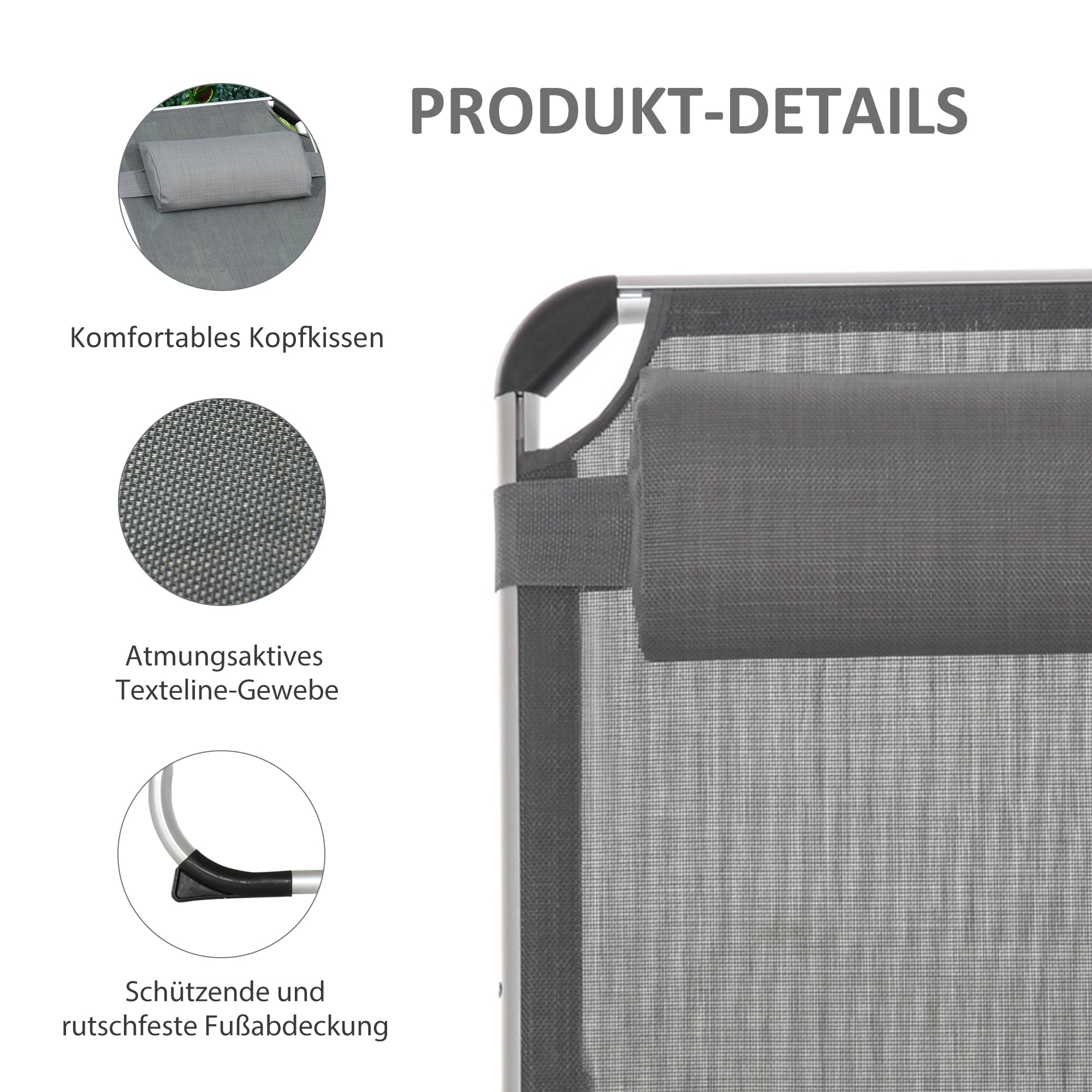 Sun Lounger 5-Way Adjustable Foldable Ergonomic Aluminum Mesh Fabric Grey