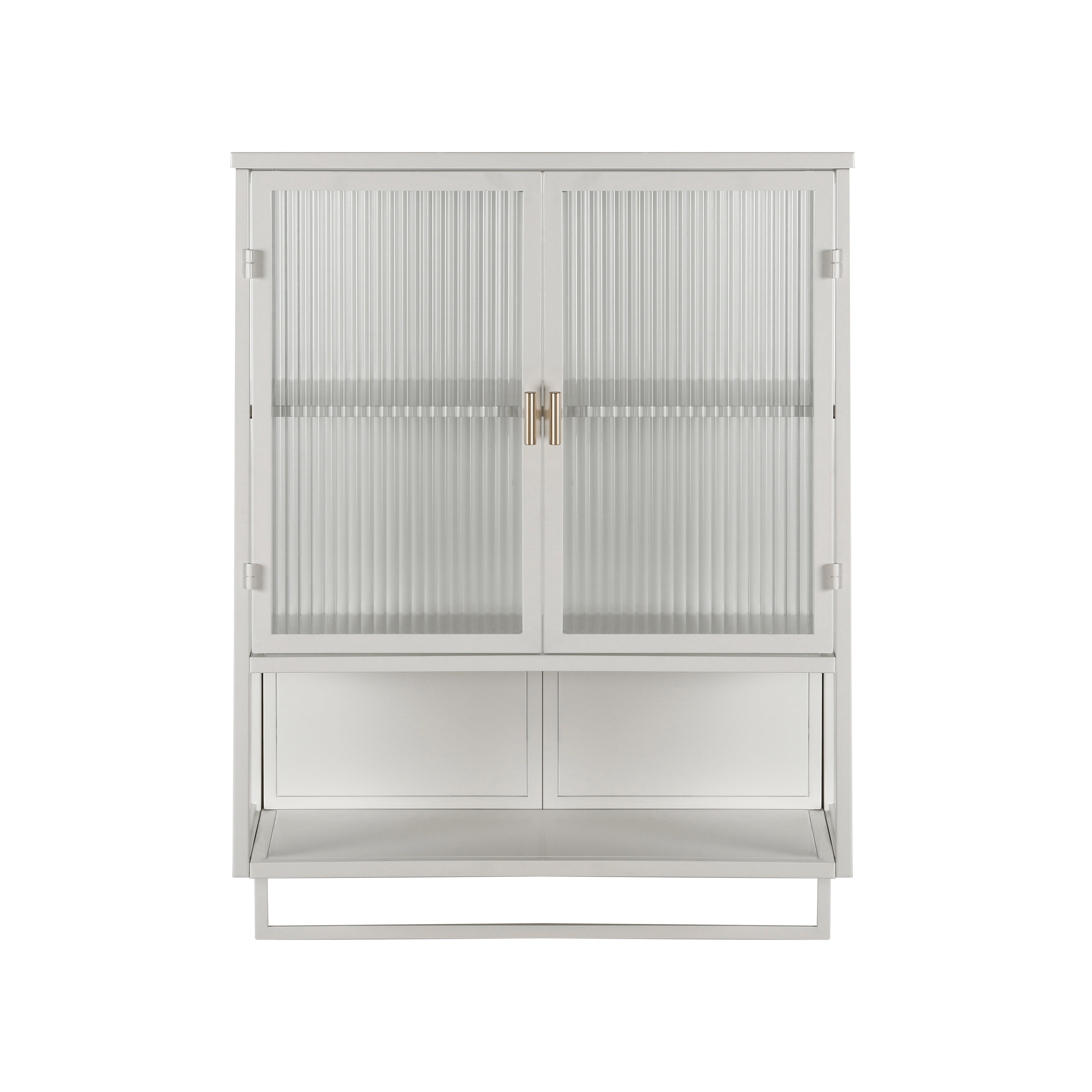 60CM Wall Cabinet with Glass Doors, Two-tier Enclosed Storage, Open Shelf, Towel Rack, White