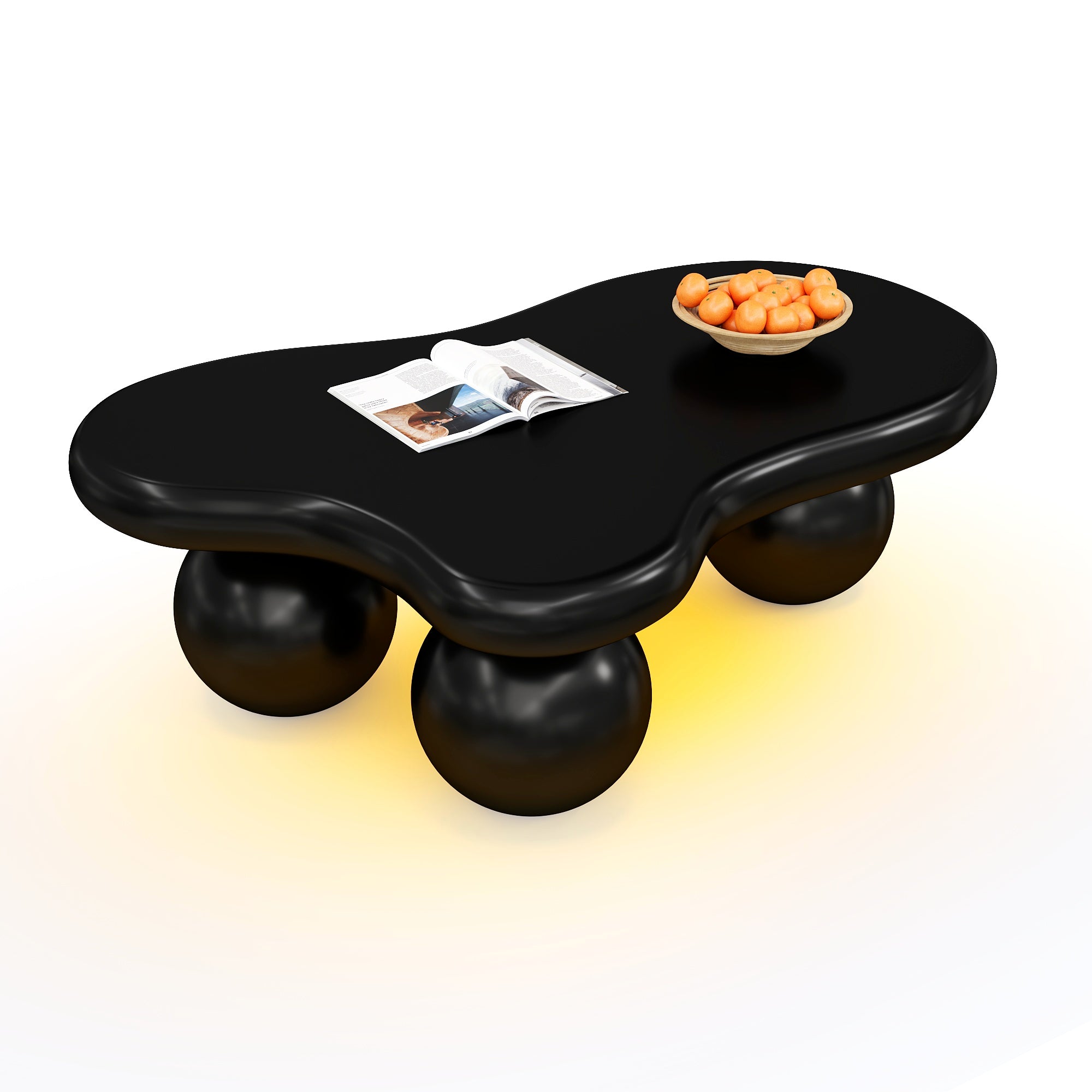 Coffee Table, Cloud-Shaped with LED Lighting & Round Legs, Black