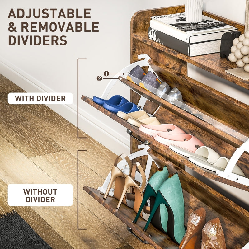 Two Flip Drawer Narrow Shoe Cabinet Adjustable Shelves Rustic Brown