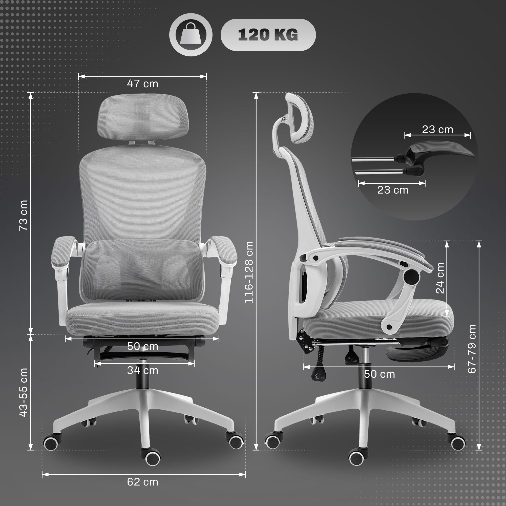Ergonomic Office Chair, Adjustable Lumbar, Headrest, Footrest, Reclining Swivel, Mesh High Back, Grey