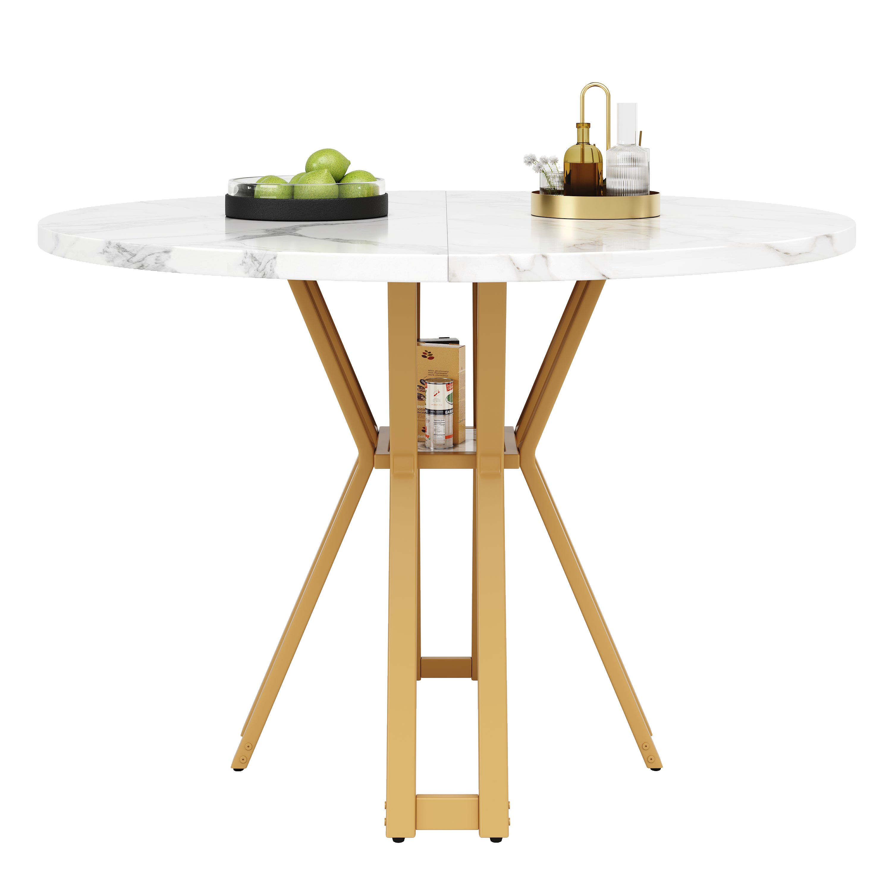 Round Dining Table 100cm 4-6 Seater Luxurious Gold Legs Marbled MDF