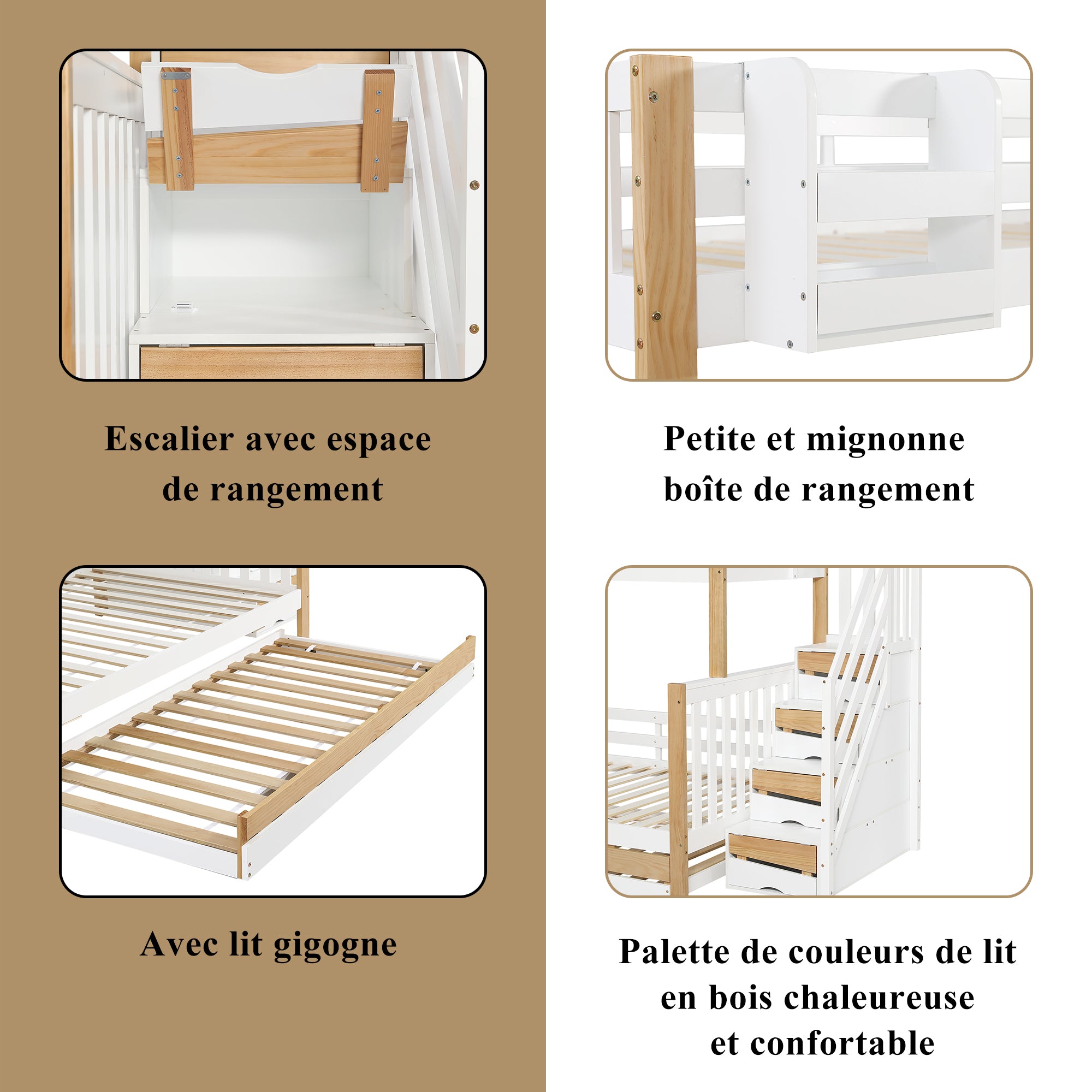 Bunk Bed, Trundle & Corner Stairs, Pine + MDF, White + Natural