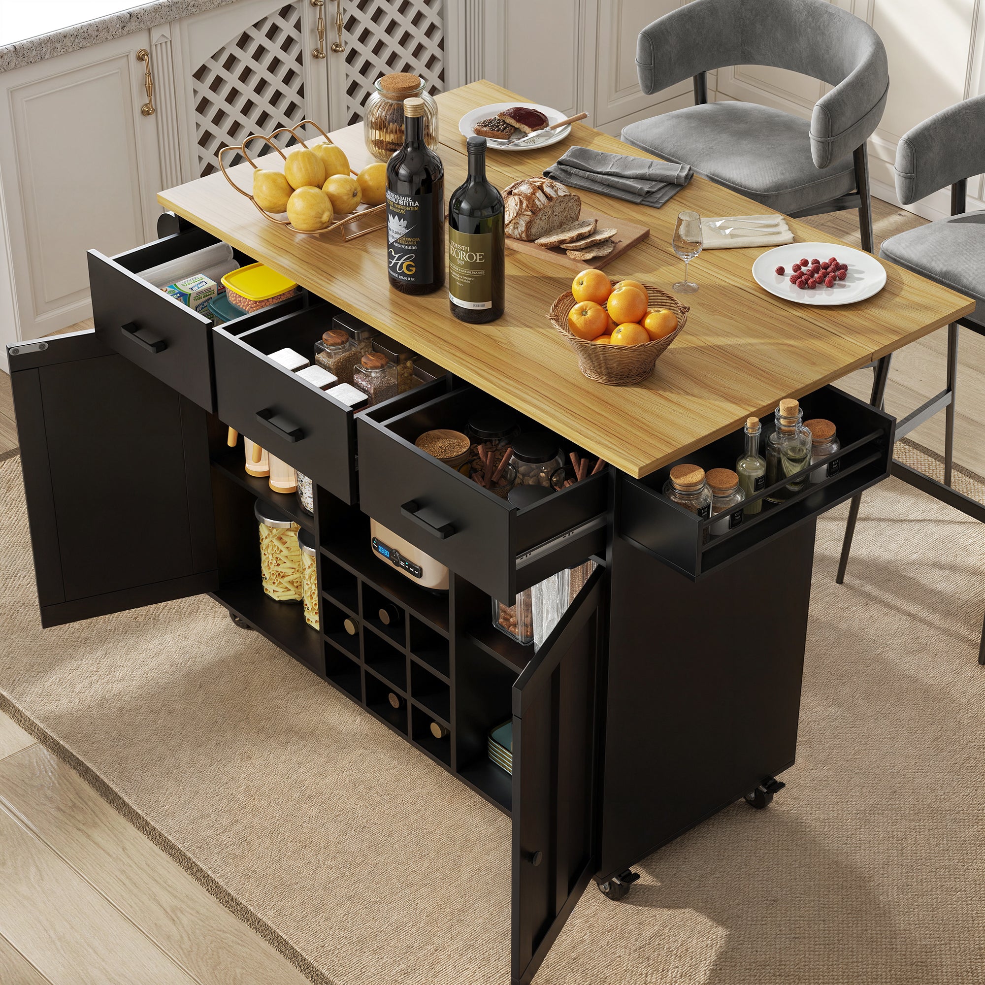 Dining Trolley Mobile Removable Worktop Spice Rack Adjustable Storage - Wood Grain Black