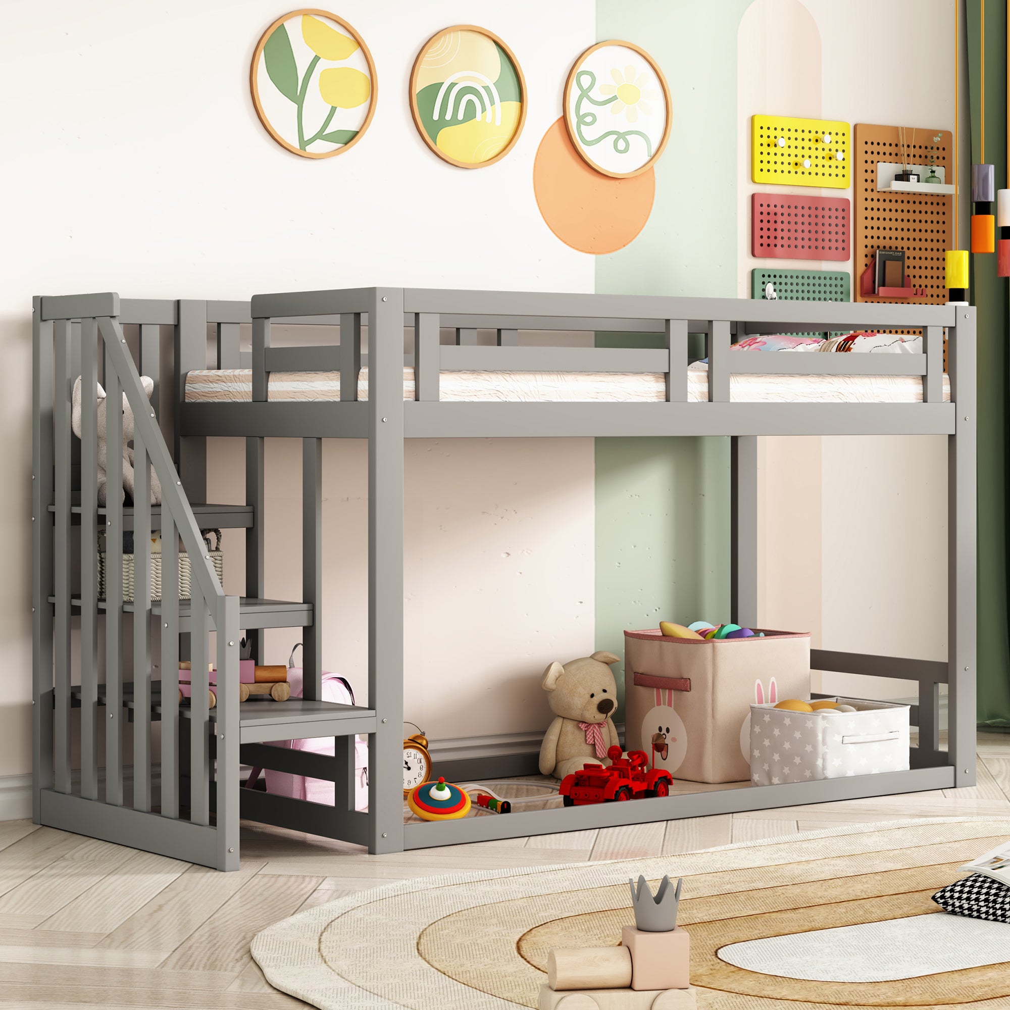 Children's Bed, Low Bunk with Safety Stairs, Solid Wood Gray