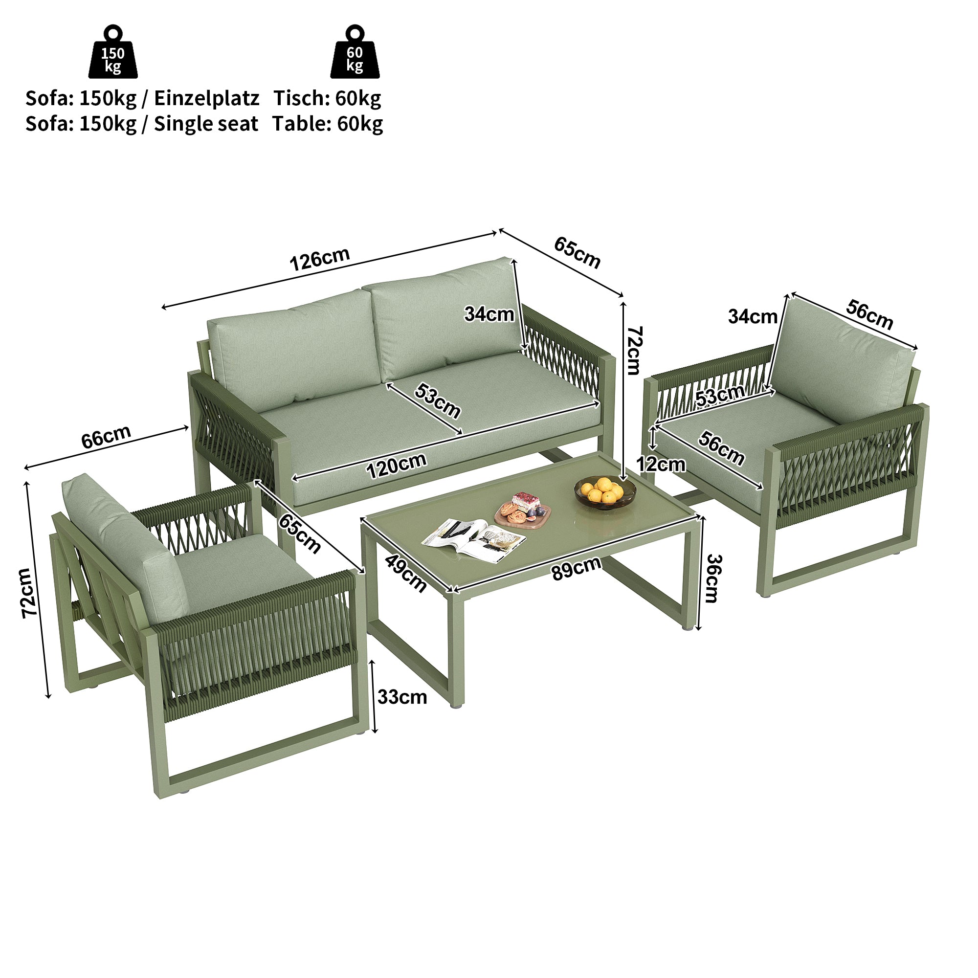 Garden Lounge Chair Set 4-Piece Rope/Iron Frame Glass Top - Green