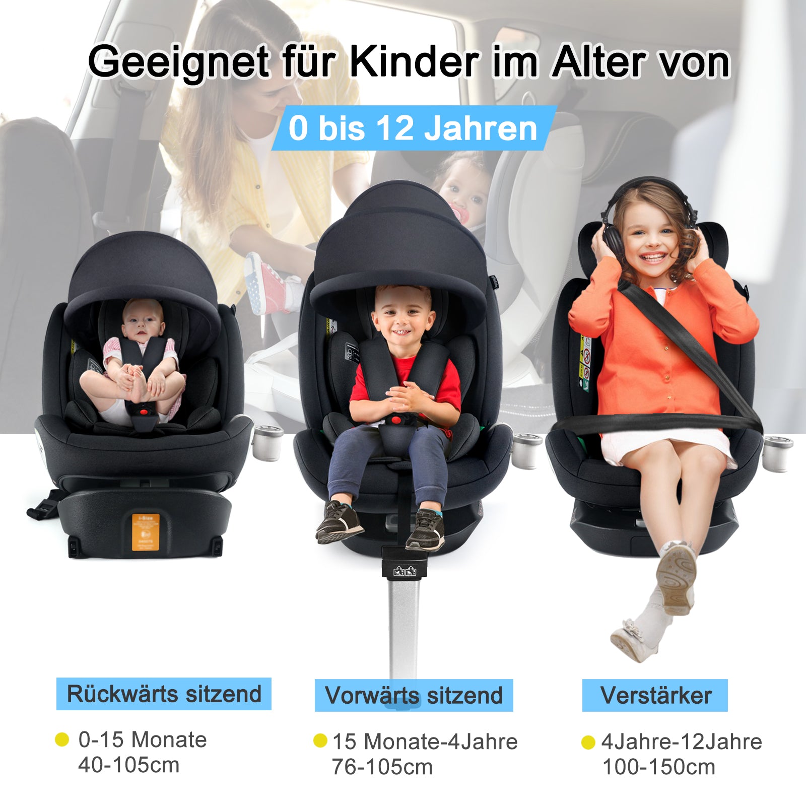 Child Car Seat i-Size 360° Rotatable ISOFIX 0-36kg with Sunshade and Cup Holder