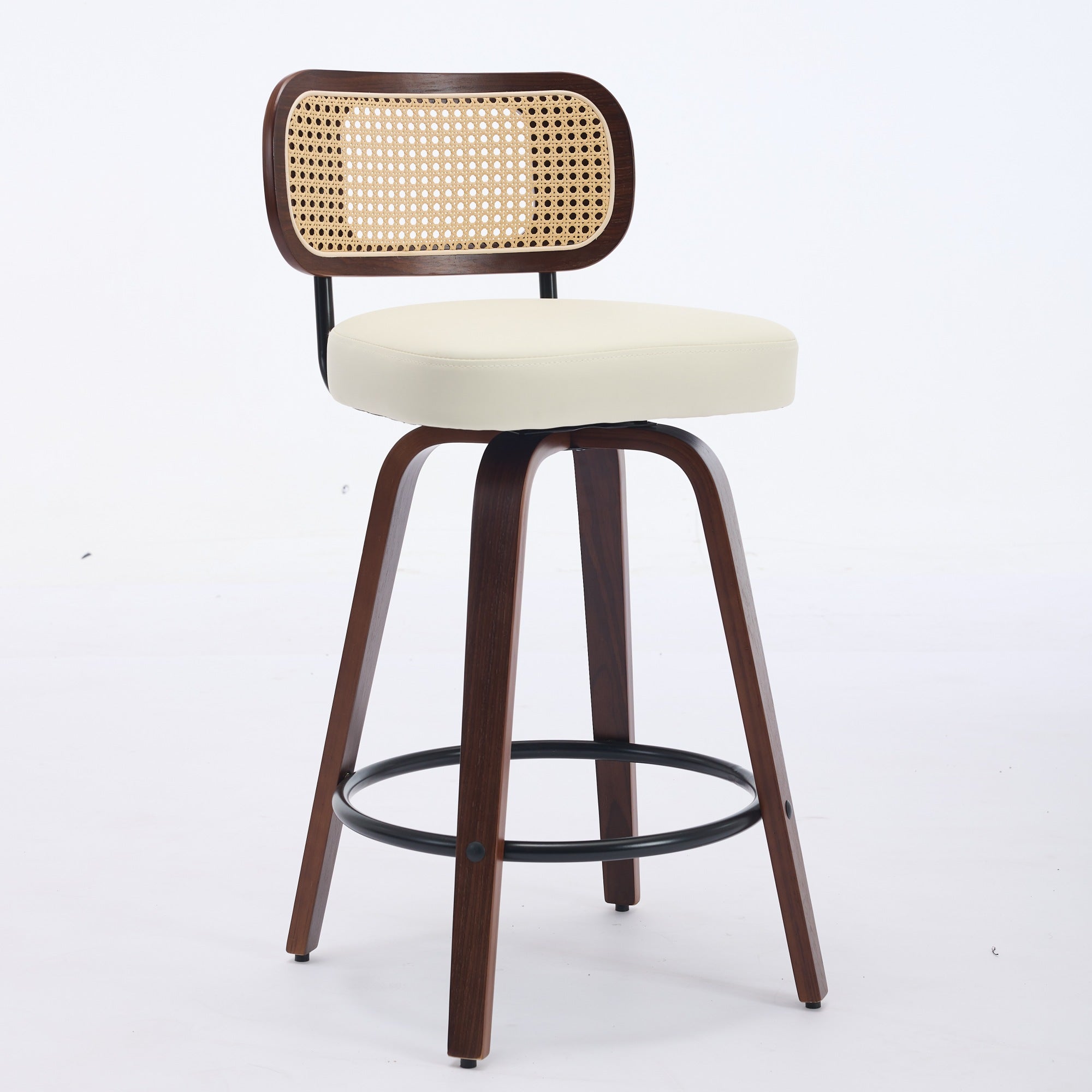 Set of 3 Swivel Bar Stools with Rattan Cane Back and Upholstered Seat, Walnut and Beige