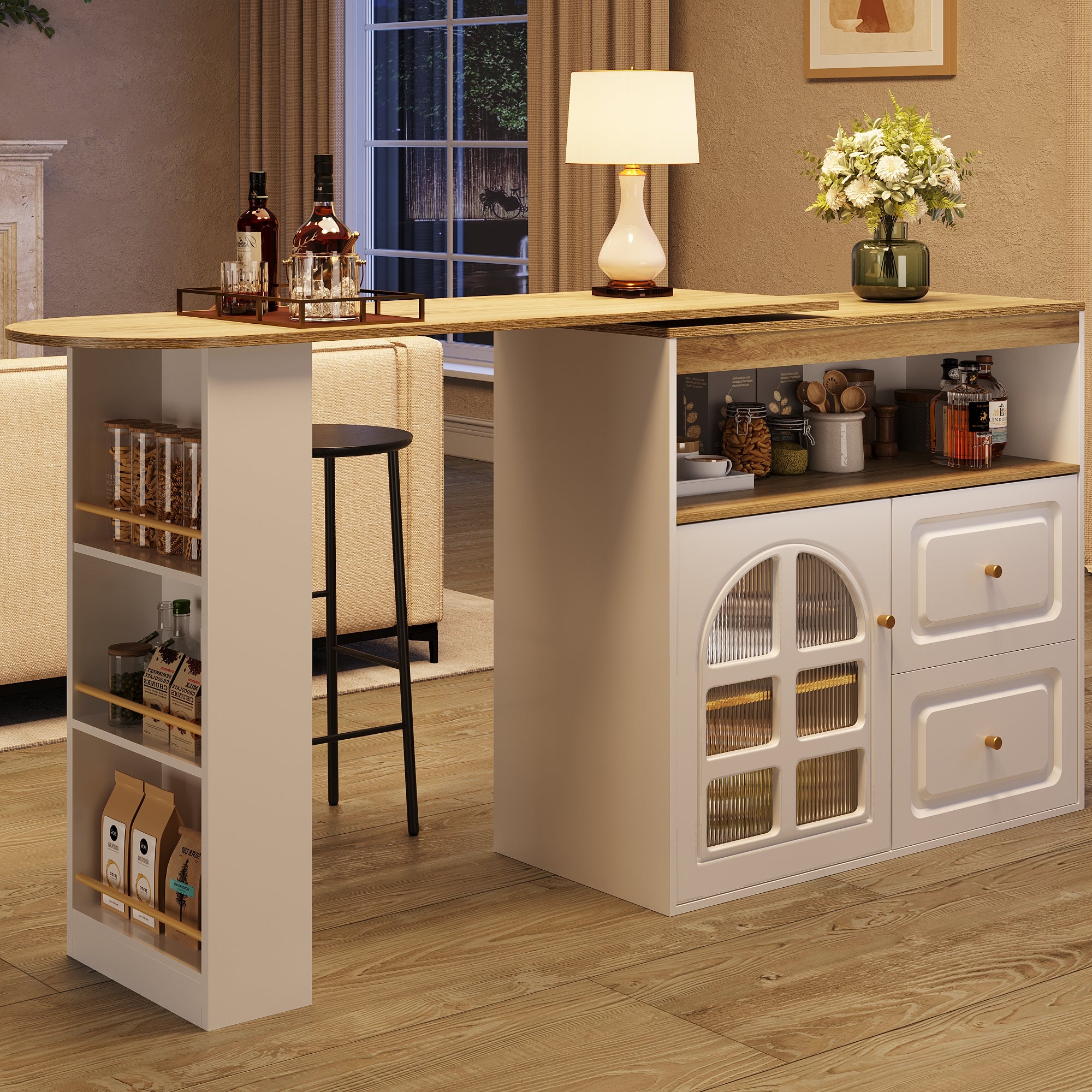 Rotating Dining Bar Sideboard 360° Swivel with 2 Drawers Snack Shelf Curved Glass White