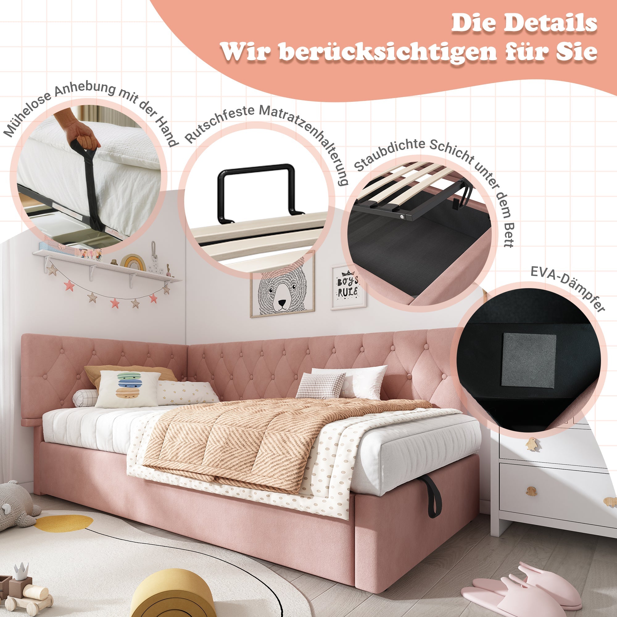 Upholstered Bed Day Bed 90x200cm Sofa Bed with Hydraulic Storage Space, Velvet, Pink