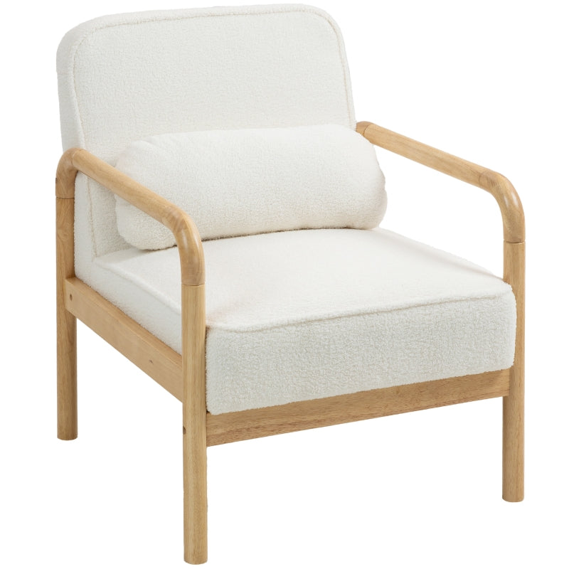 Armchair, Lounge Chair with Armrests, Wooden Legs, Bouclé Look, White