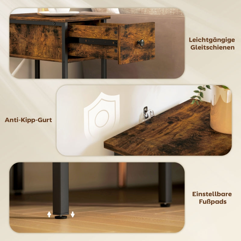 Side Table with Open Compartment and Drawer, Metal Legs, Wood, Brown