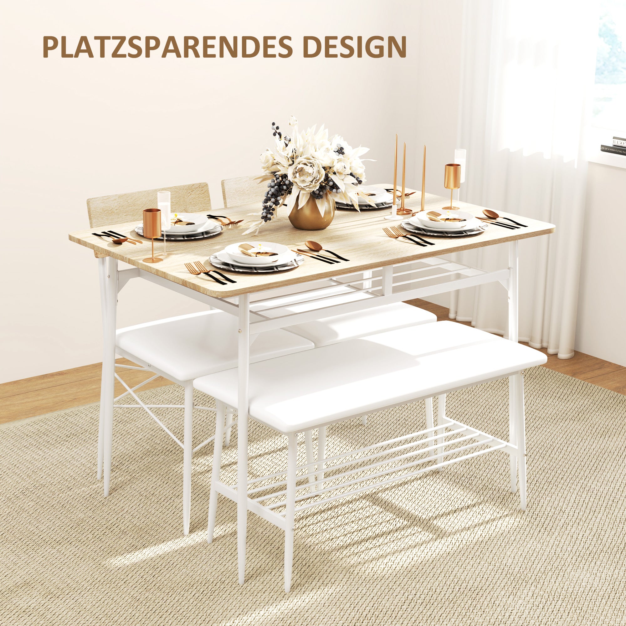 Dining Table Set, 4-Person Kitchen Table with Storage, Oak