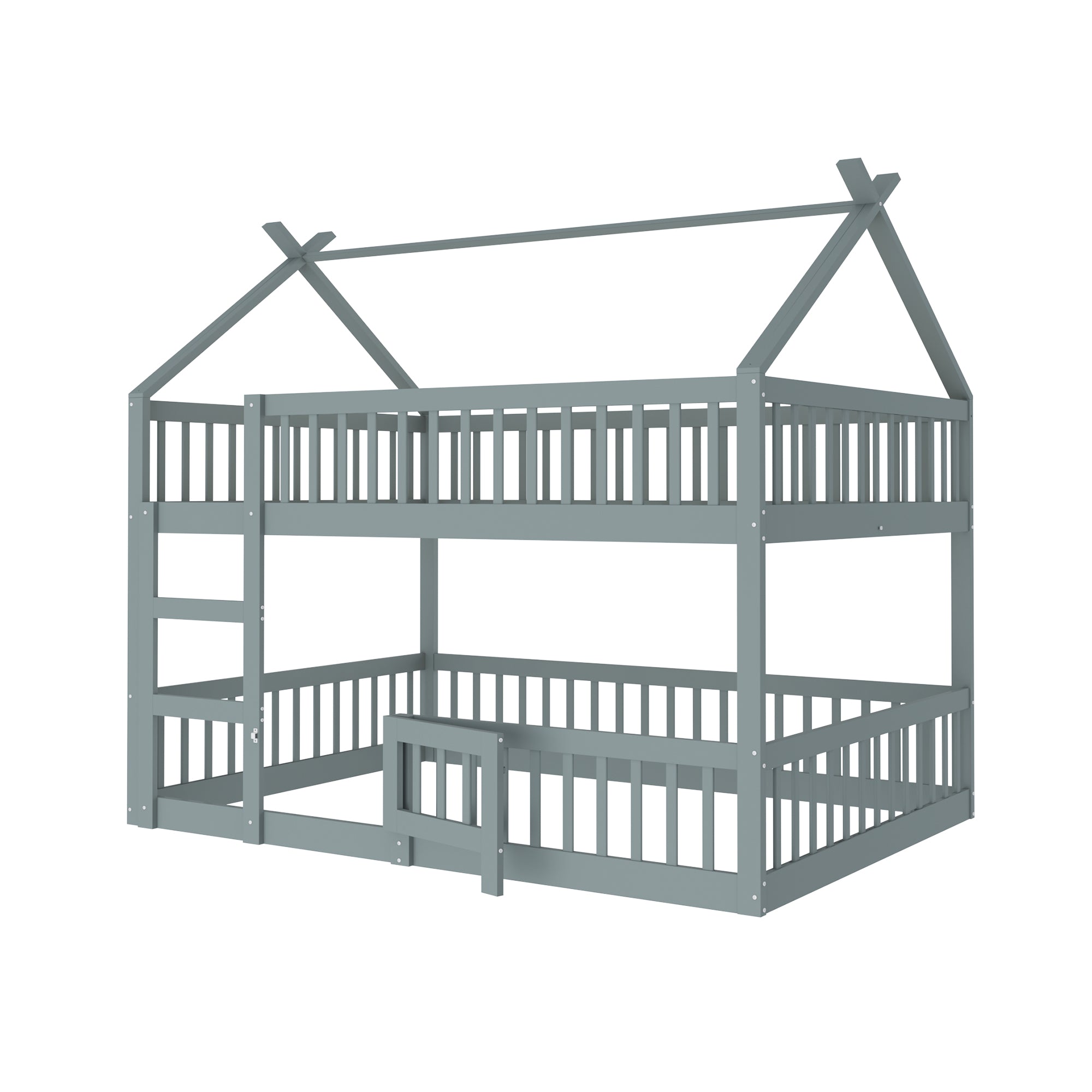 Bunk Bed, 140x200cm Family Bed with Stairs, Solid Wood, Grey