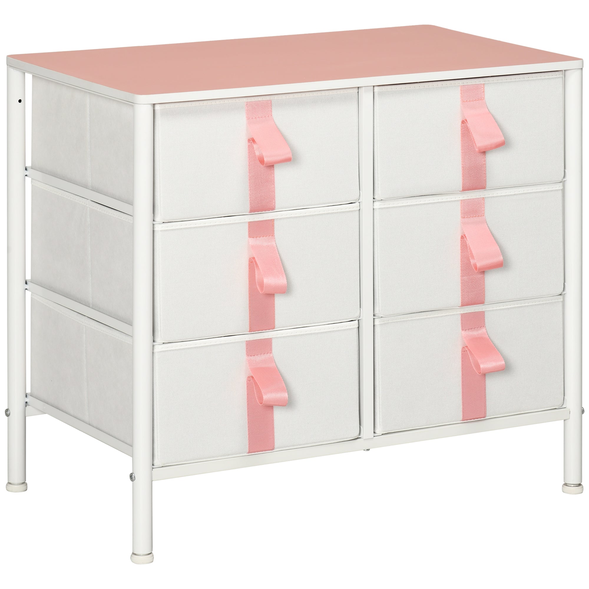 Chest of Drawers: 6 Fabric Drawers, Metal Frame, Wooden Top, Pink