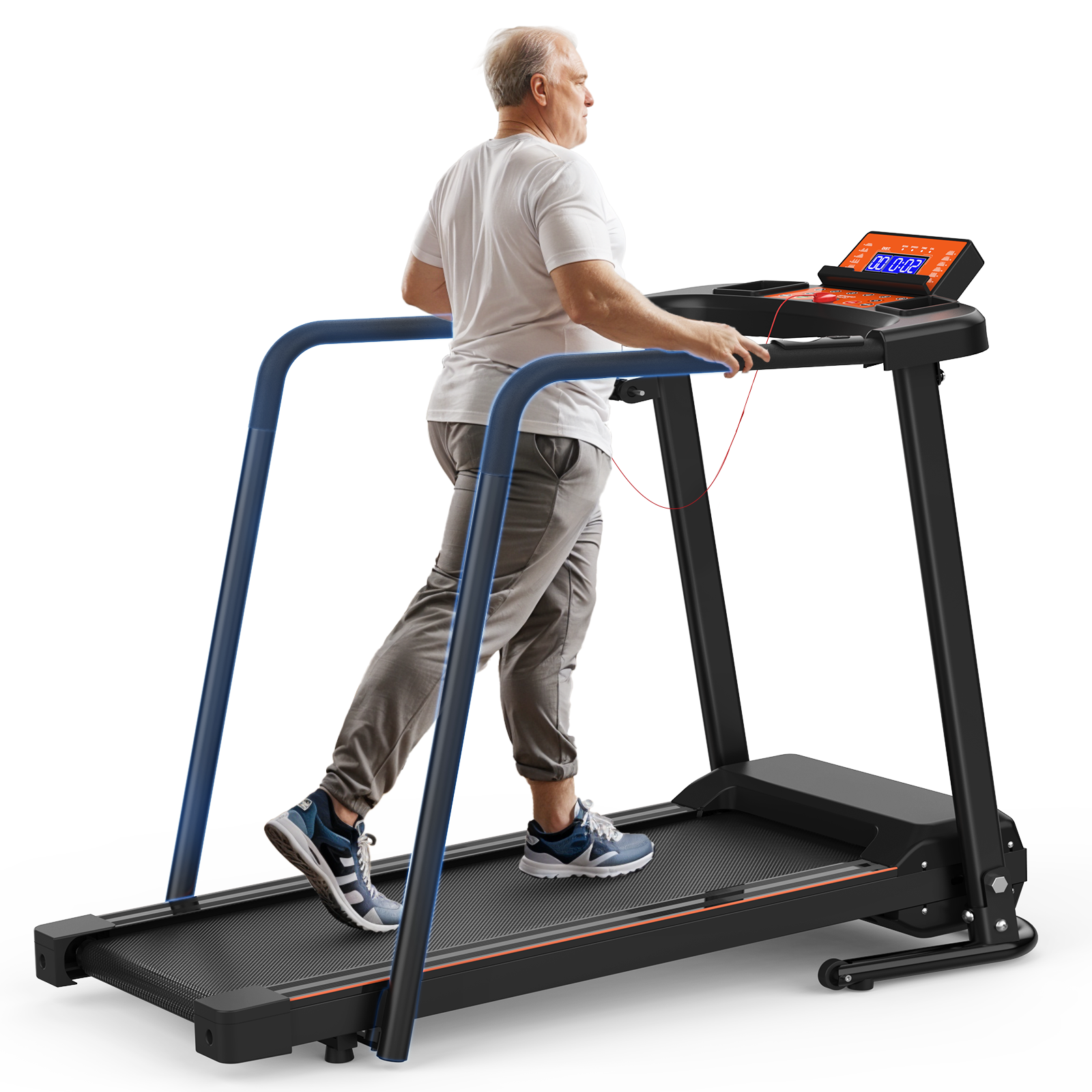 Treadmill, Extended Handrails for Senior Recovery Fitness, Portable Foldable 120 kg Capacity