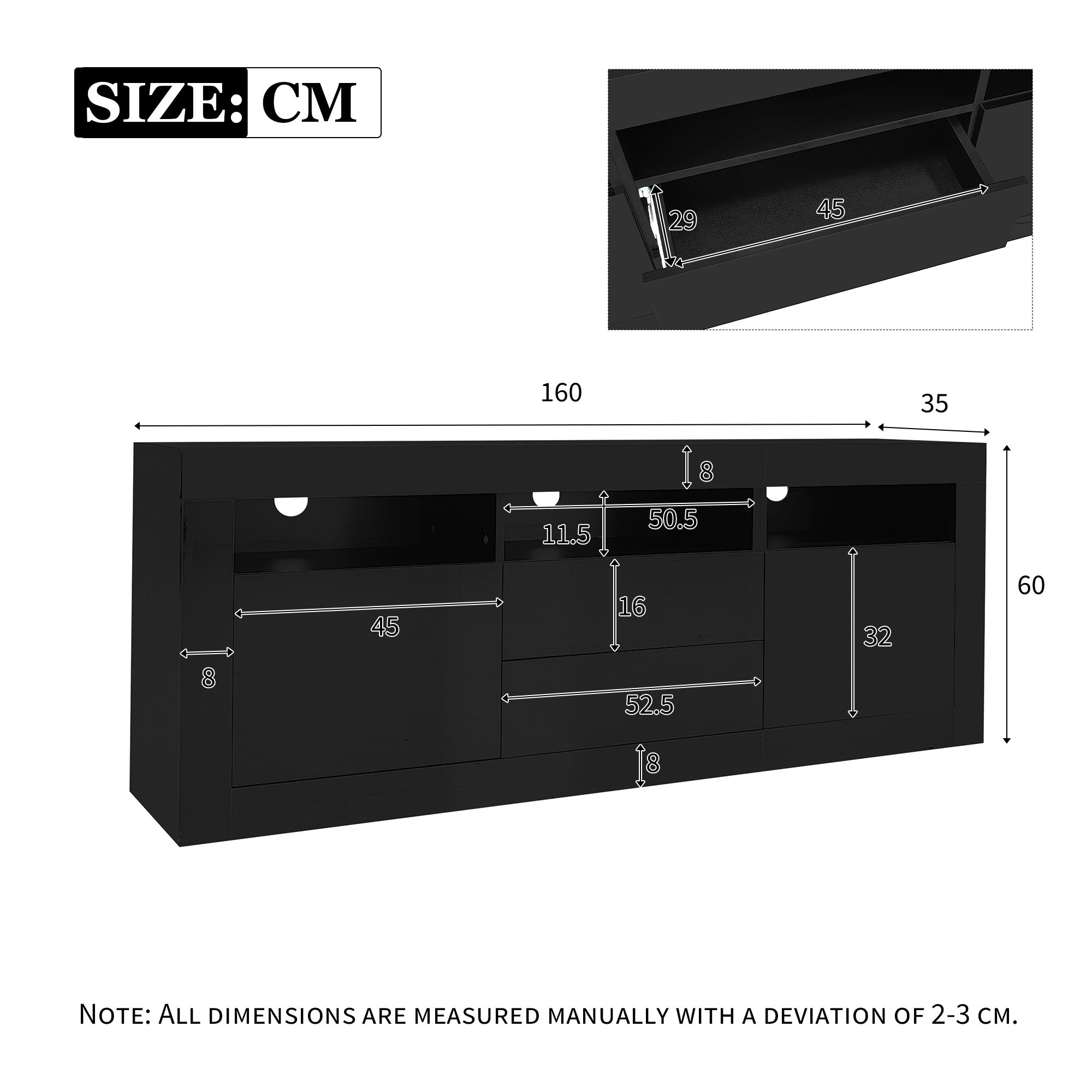 TV Cabinet, 160x35x60cm LED Lighting, 3 Open, 2 Door, 2 Drawer, Smart App Control, for 70-inch TVs, High Gloss