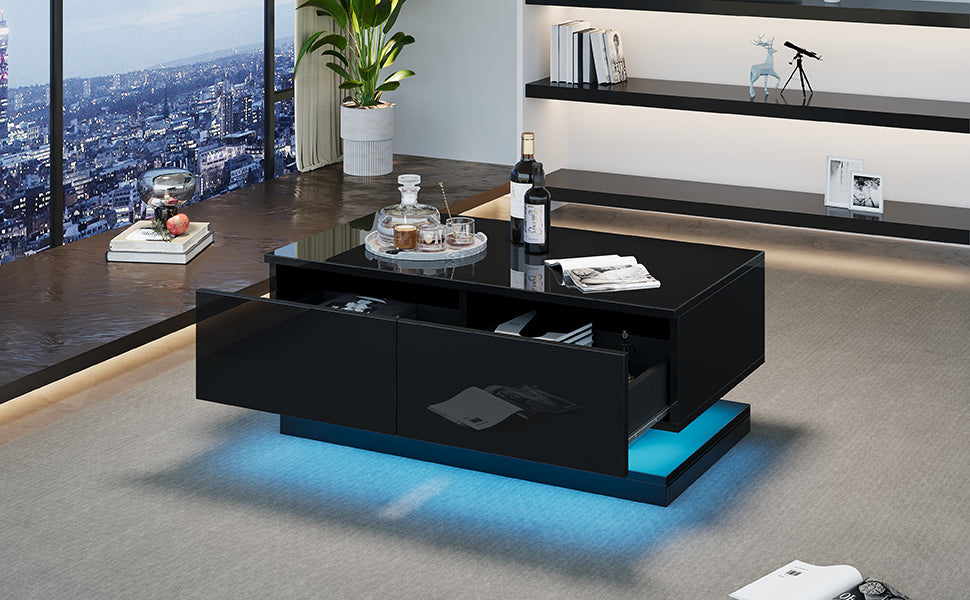 Coffee Table, High-Gloss with 2 Drawers & LED Lighting, Black