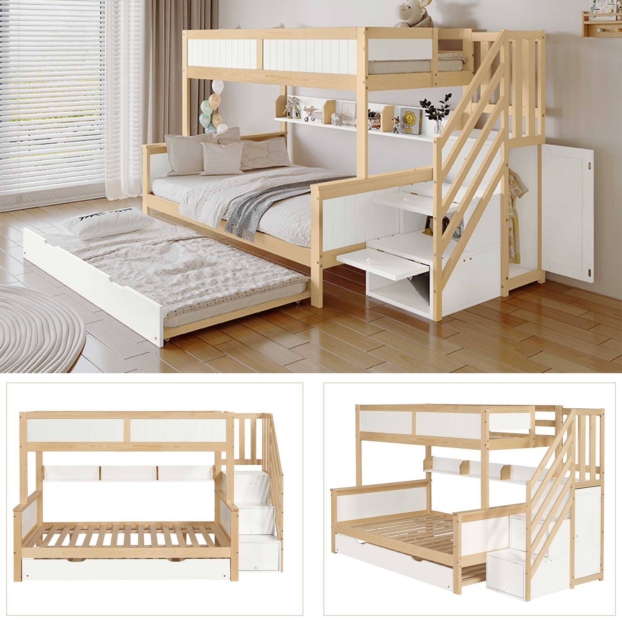 Bunk Bed, Trundle & Wardrobe, Corner Stairs, Pine+MDF, White+Natural