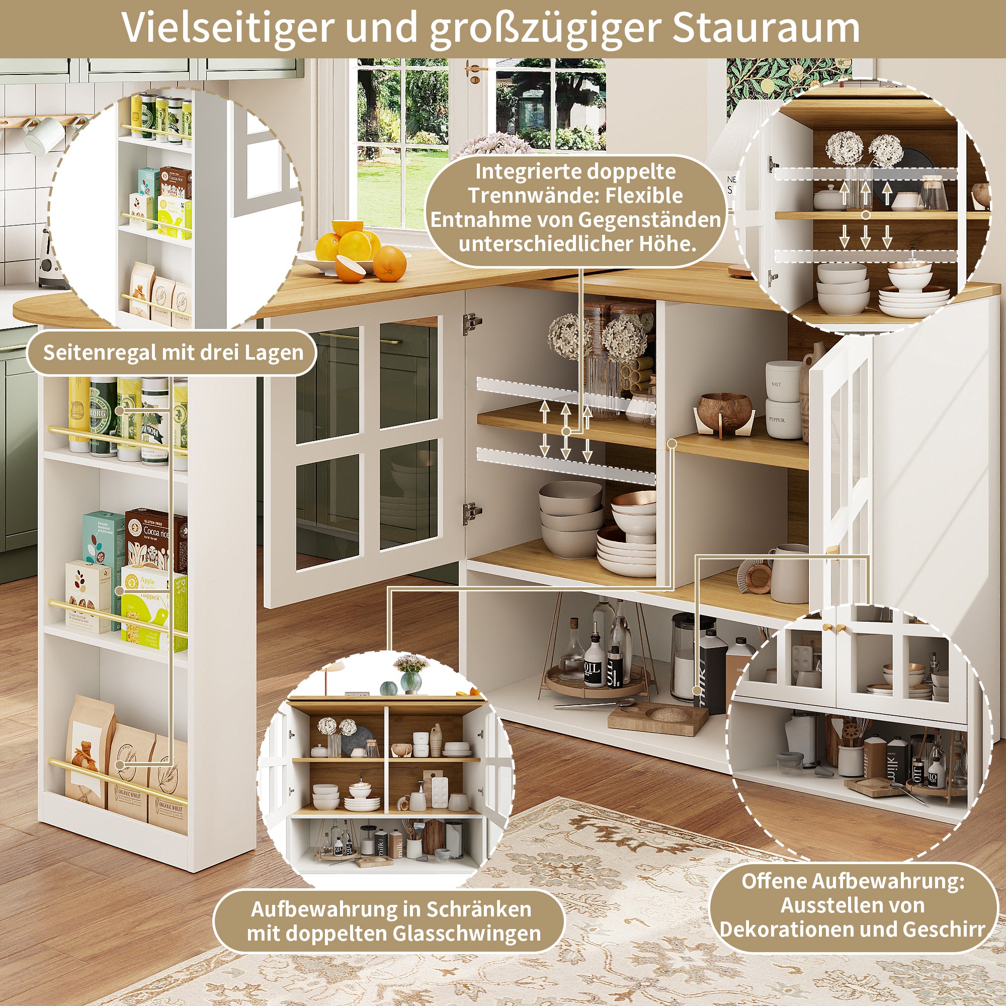 360° Rotating Sideboard - Multifunctional Dining Bar, 5 Shelves & Glass - White