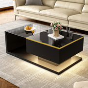 Coffee Table 90cm Long, High-Gloss Black with Glass & LED
