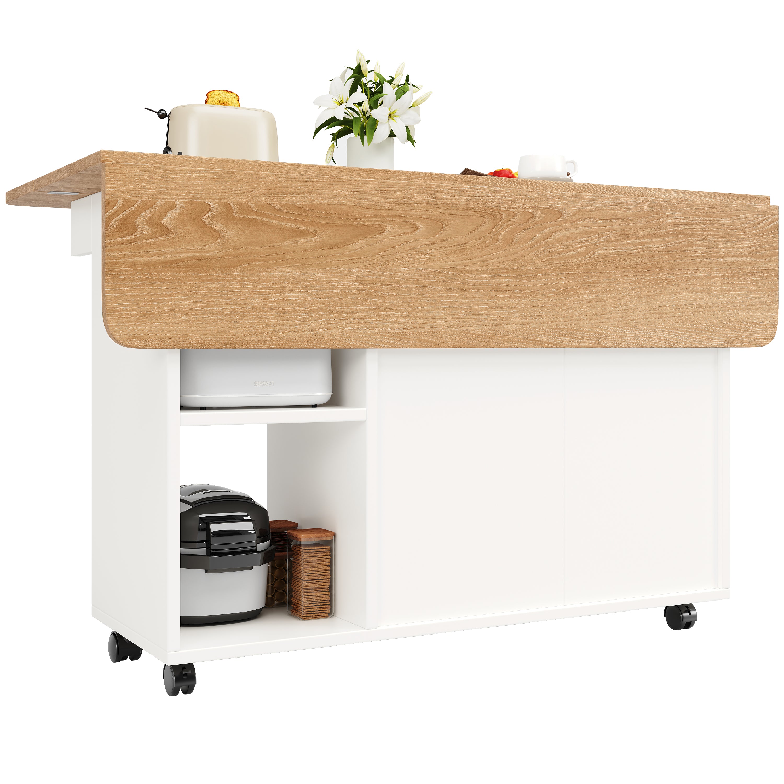 Kitchen Island Dining Cart - Multifunctional Storage, Removable - White Wood Grain