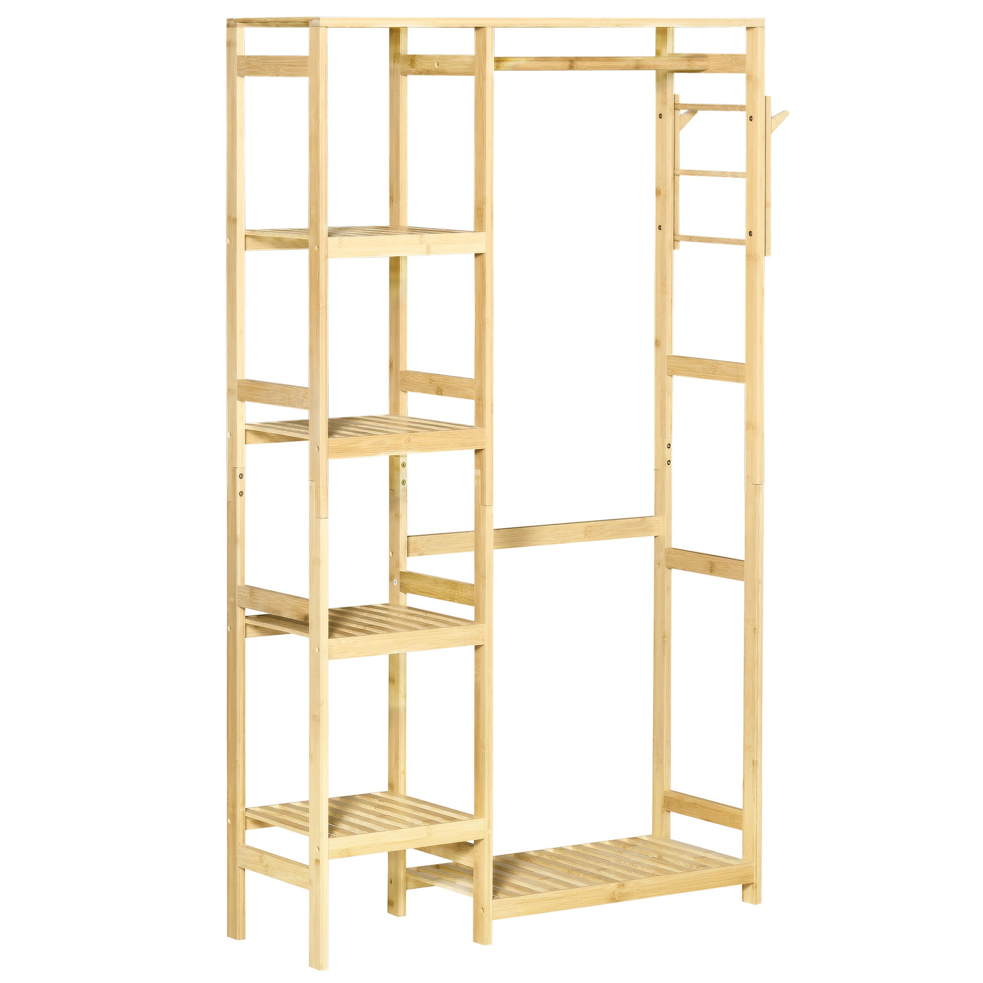 Bamboo Garment Rack Clothes Rack with Storage Shelf, Hanging Rail, and Side Hooks, Natural