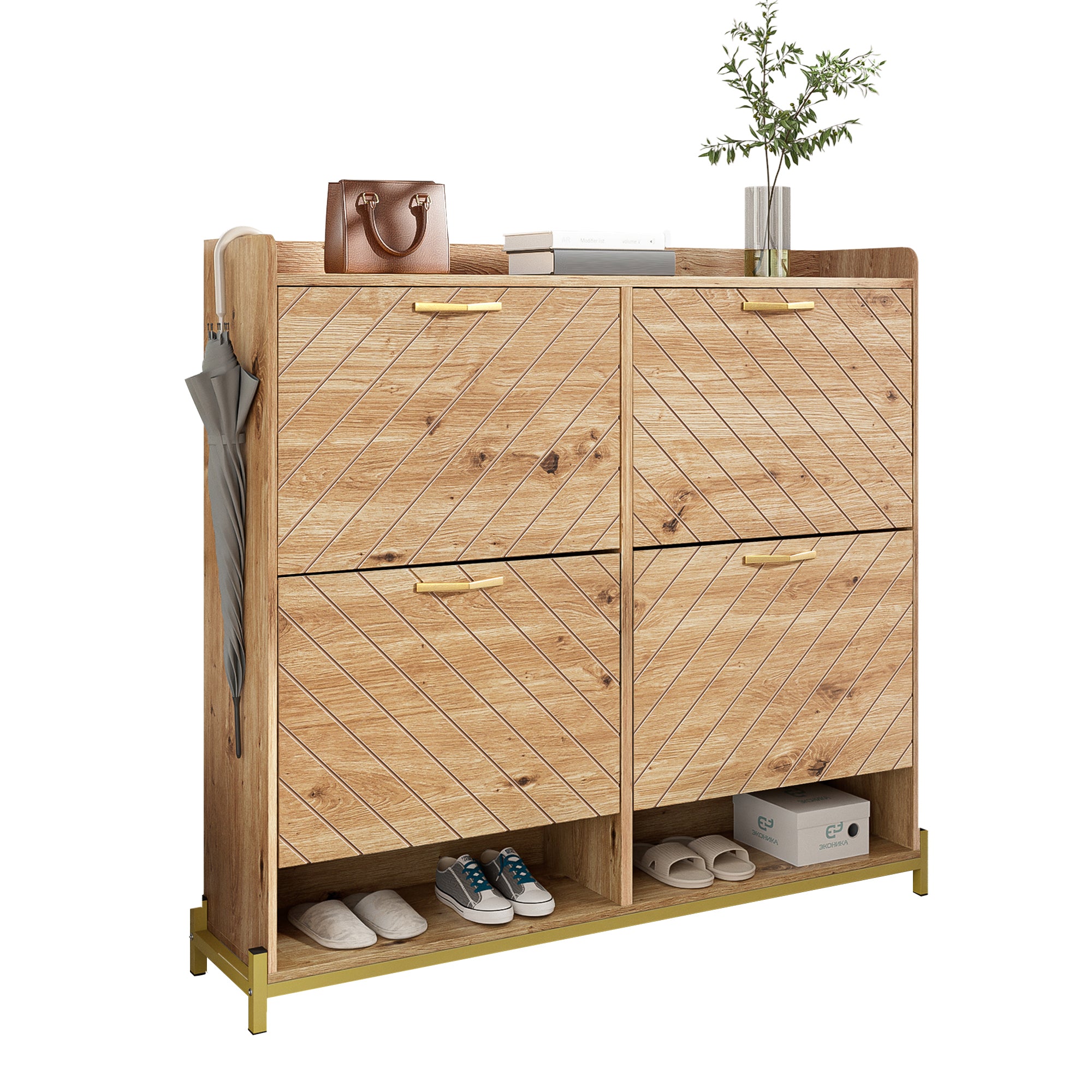 Modern Shoe Rack 4-Door Space-Saving Cabinet Wood Look