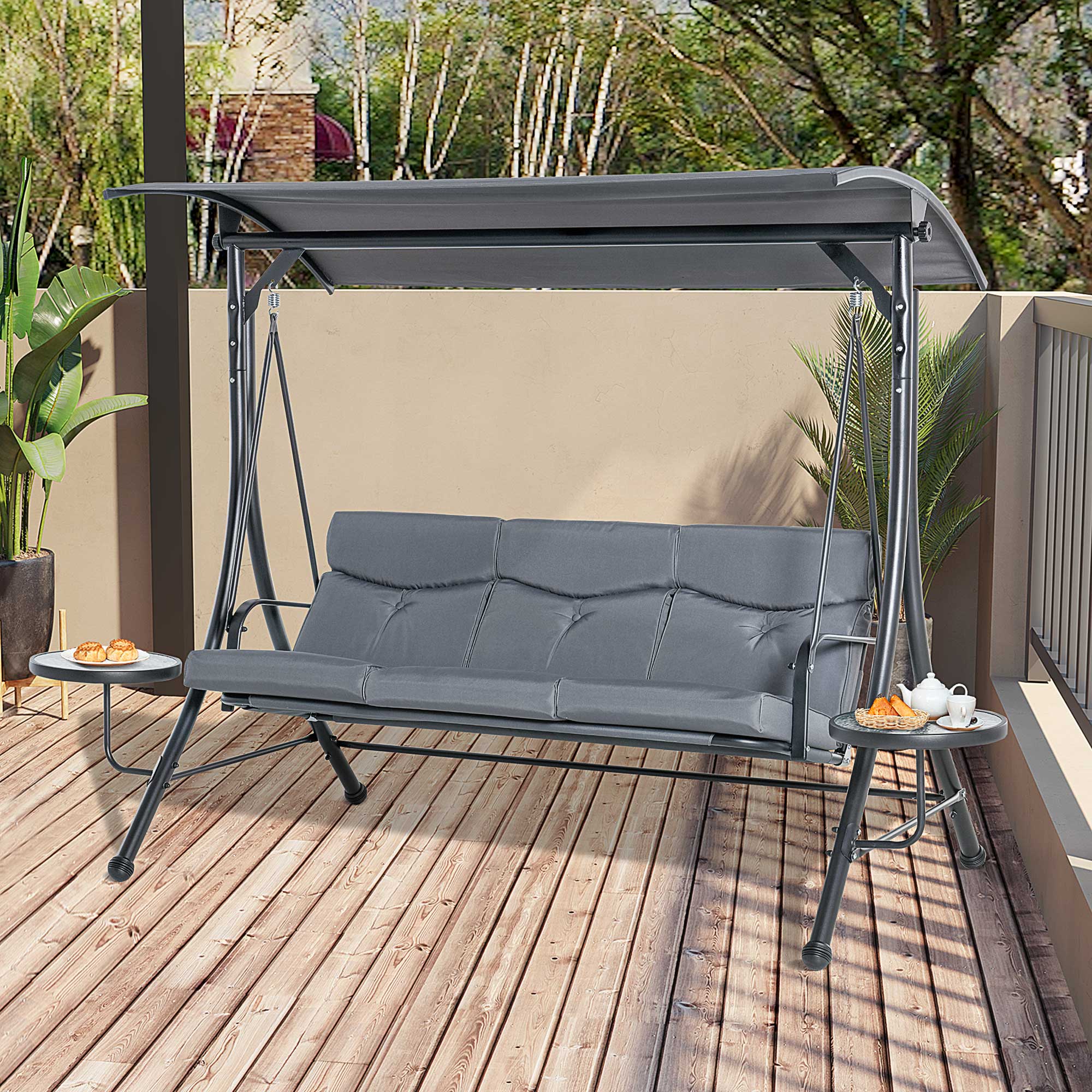 Hollywood Swing 3-Seater with Adjustable Sunshade, Tea Table, Steel Polyester Grey/Black