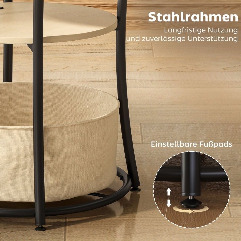 Side Table, 3-Tier with Charging Station & Storage Bag, Natural Wood