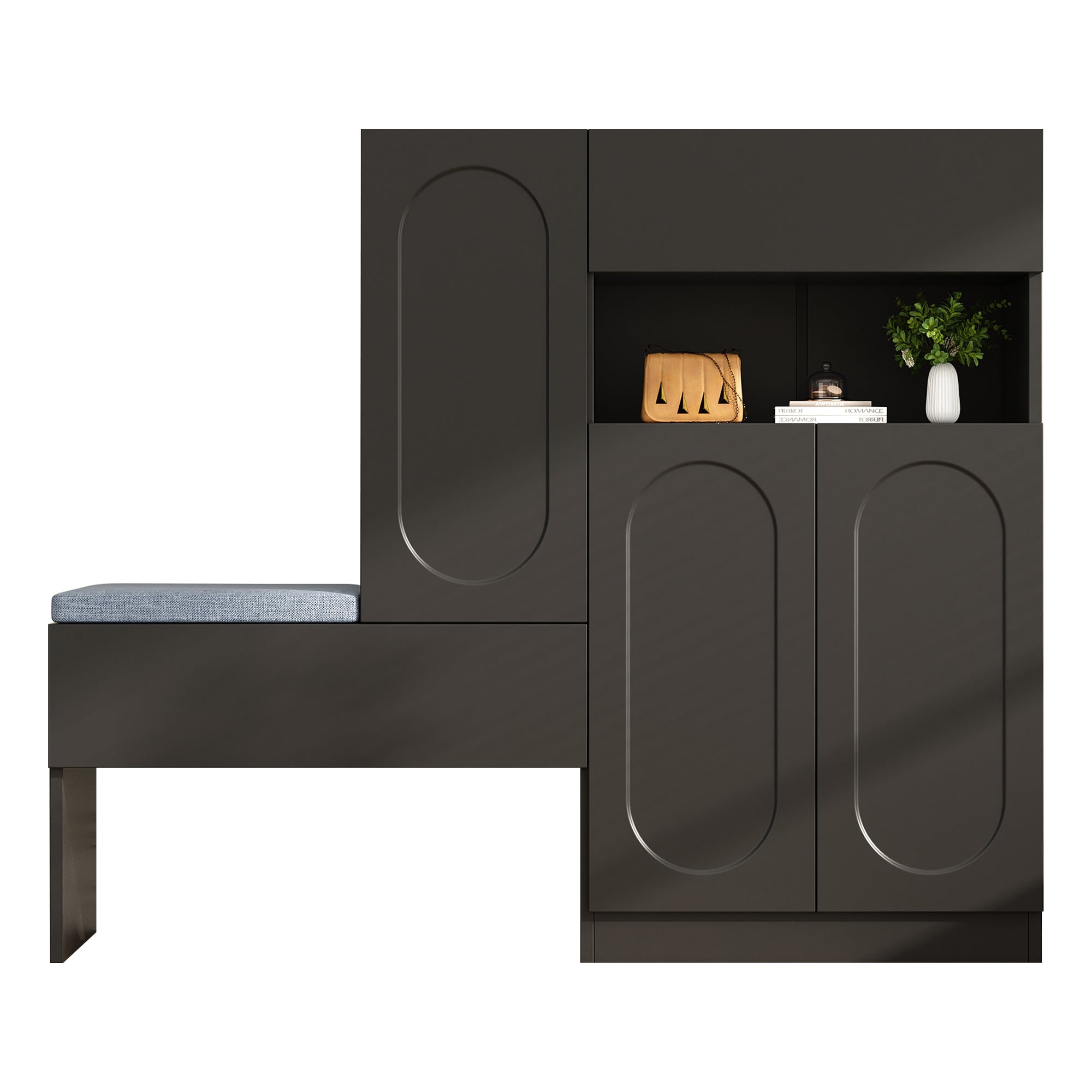 Trendy 2-in-1 Shoe Cabinet with Curved Doors, Soft-Close, Adjustable, Upholstered Bench, Black