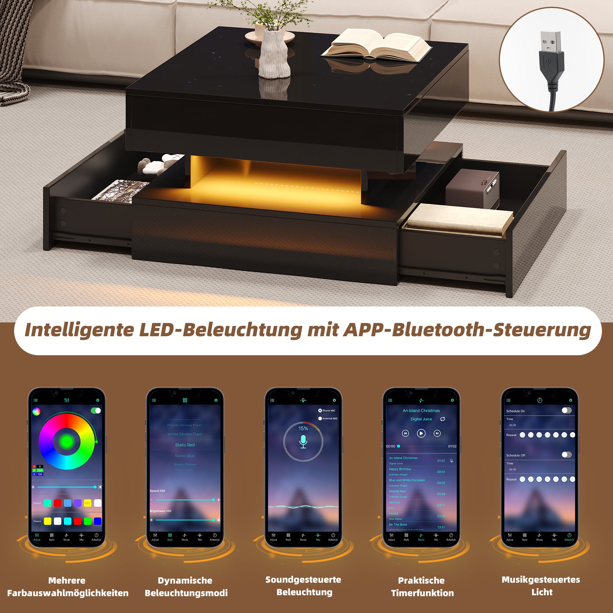 Liftable Coffee Table, 65 x 65 x 38.5 cm, High-Gloss with LED Light Strip, 2 Drawers, Black