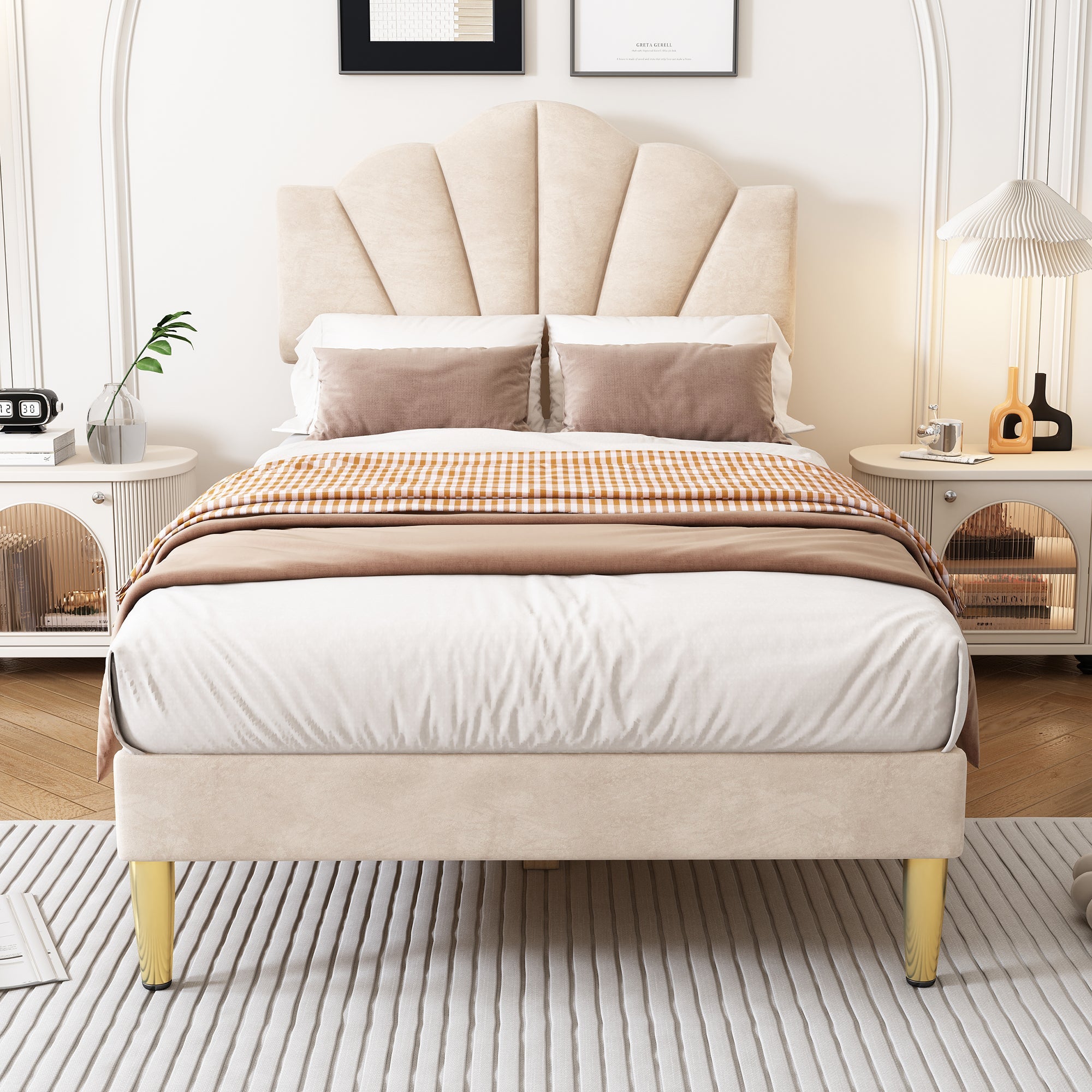Velvet Upholstered Bed, Single Bed-3ft(90*190cm) with Shell-like Design, Golden Iron Legs, Height-Adjustable Headboard, Wooden Slatted Frame, Beige