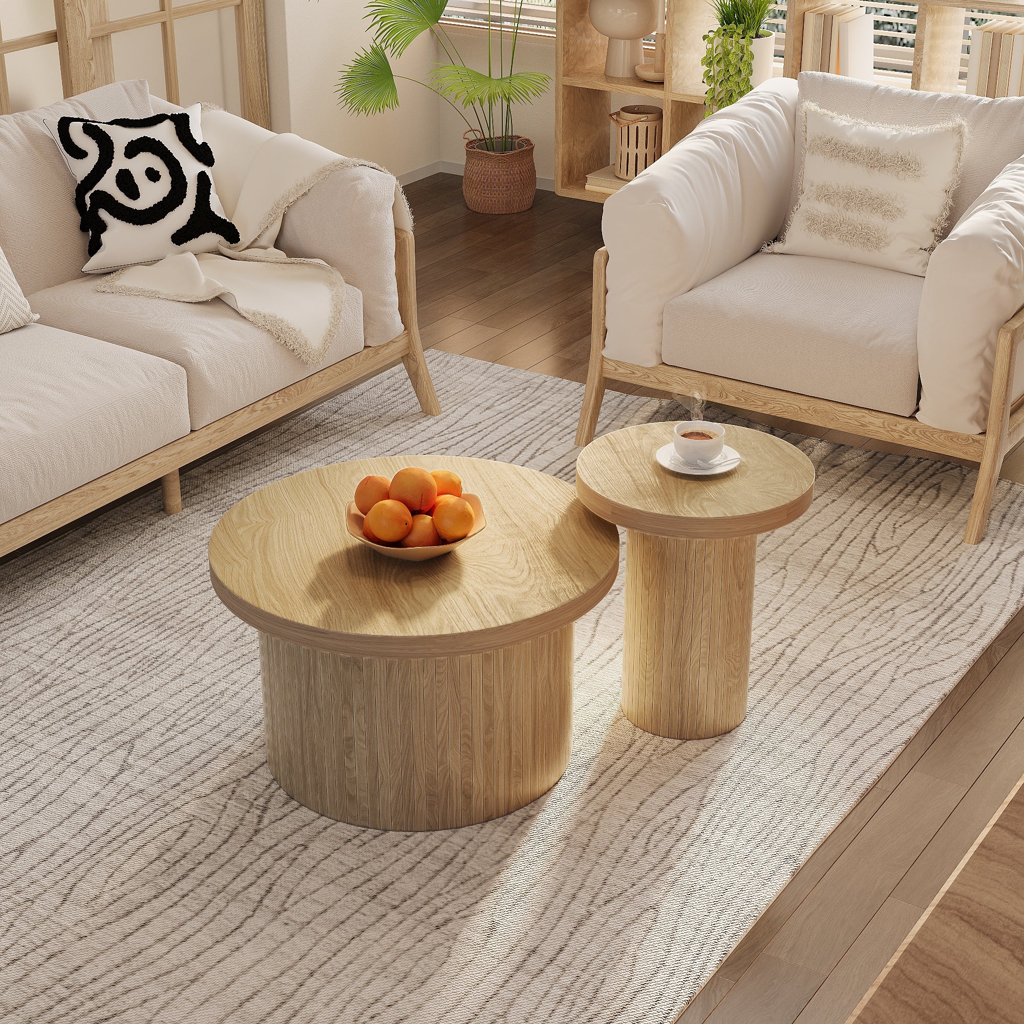 Coffee Table, Double Round Side Table, Natural Wood