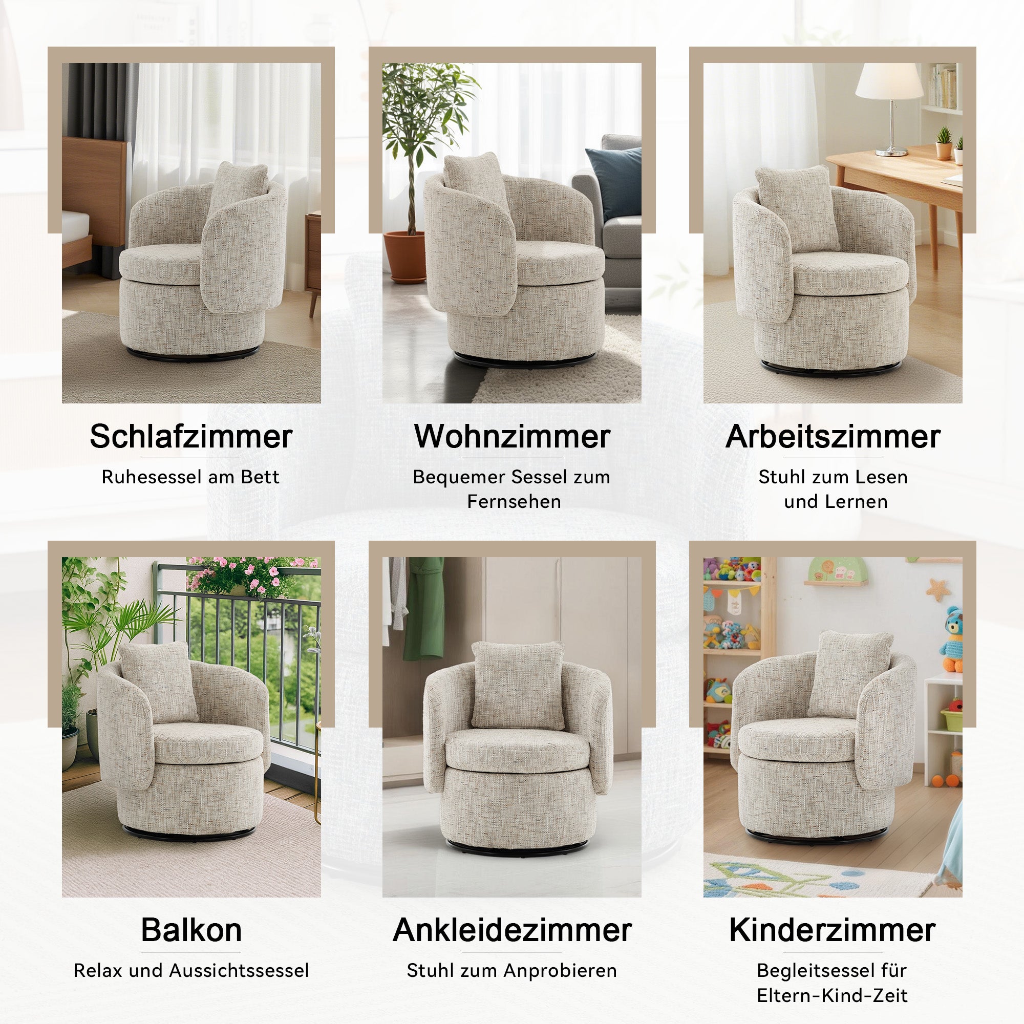 028 Swivel Armchair, 360° Rotating, Hidden Storage, Chenille Ivory