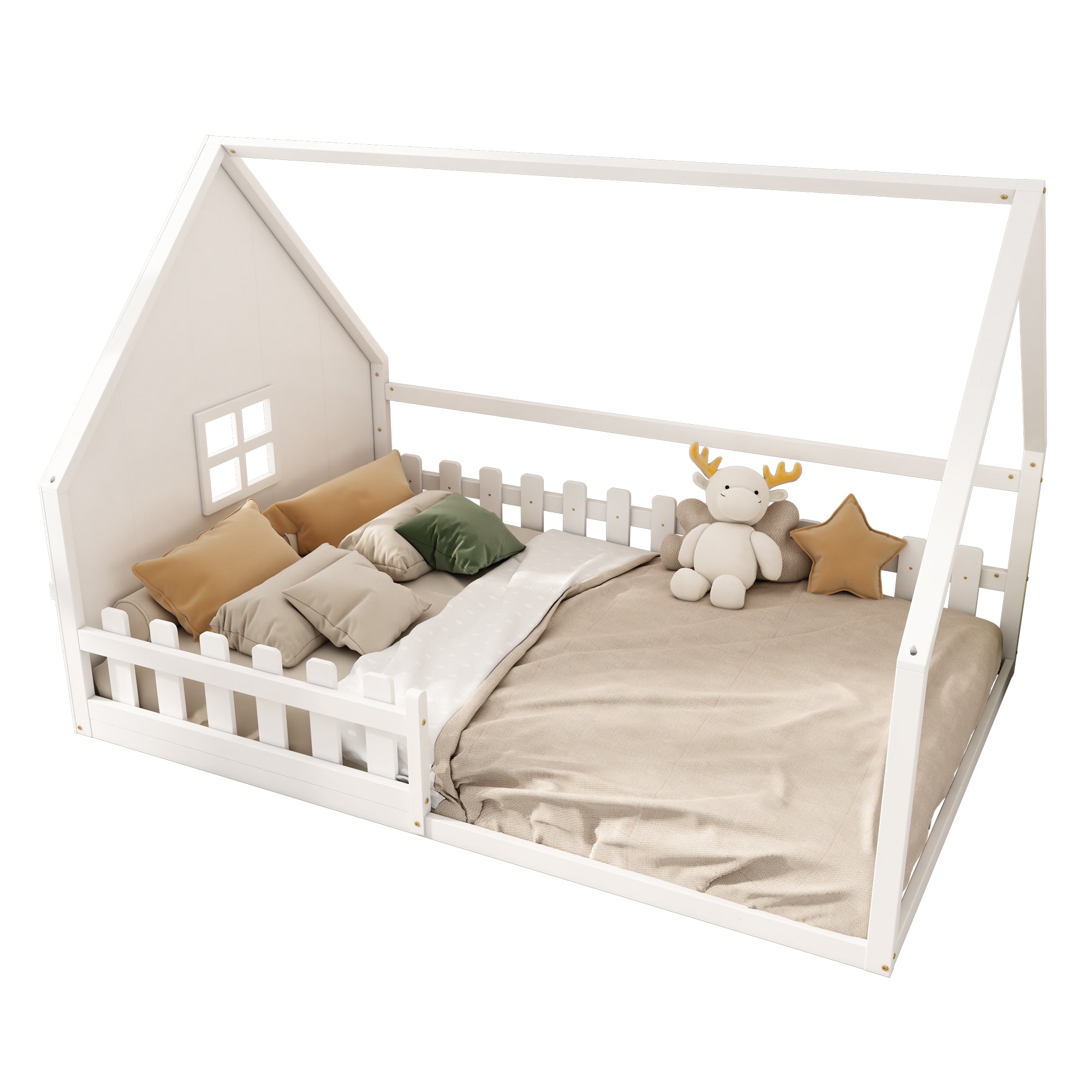 Flatbed Children's Bed with House Rail & Railing, 140x200cm Pine Wood White