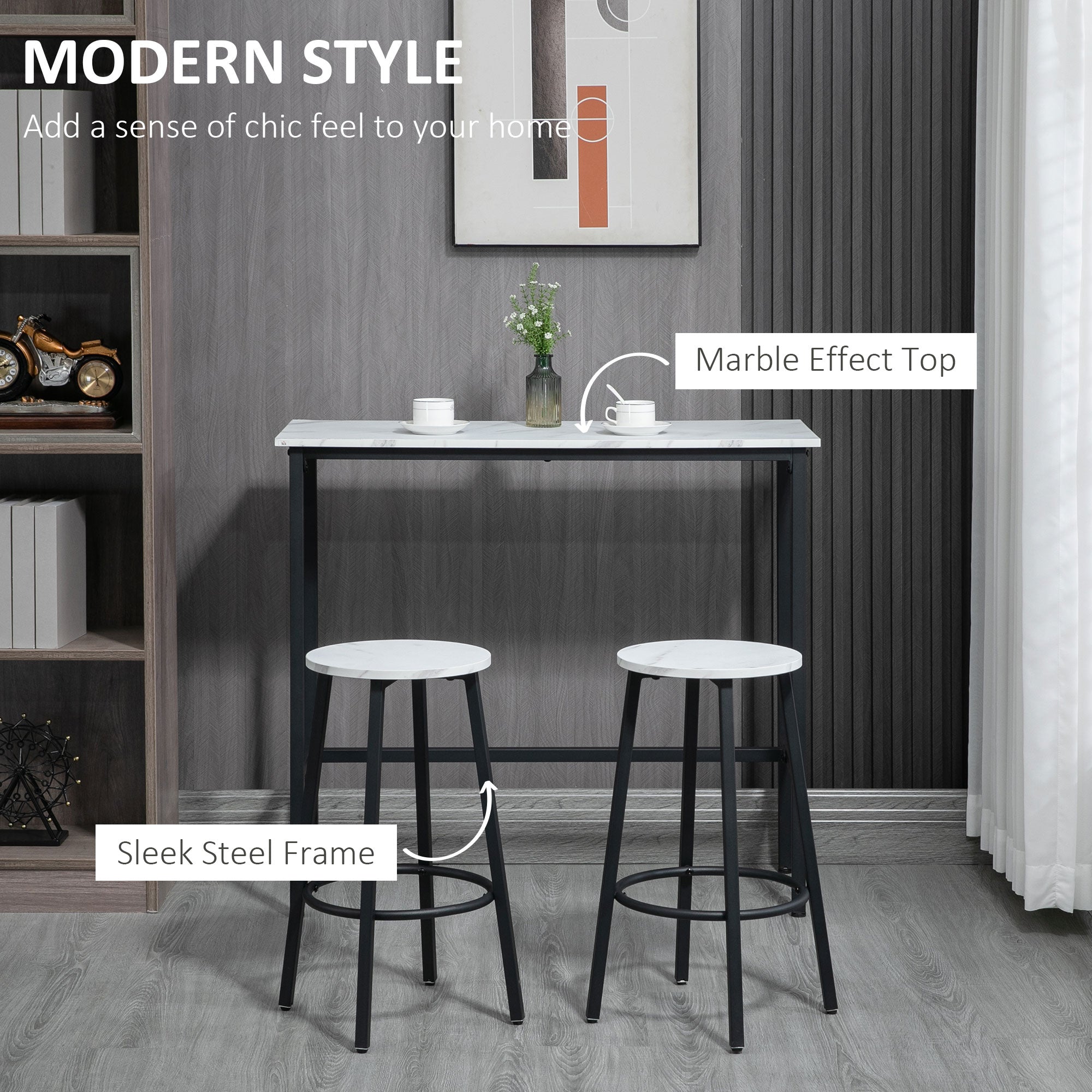 Three-Piece Bar Table Set Marble-Effect White/Black