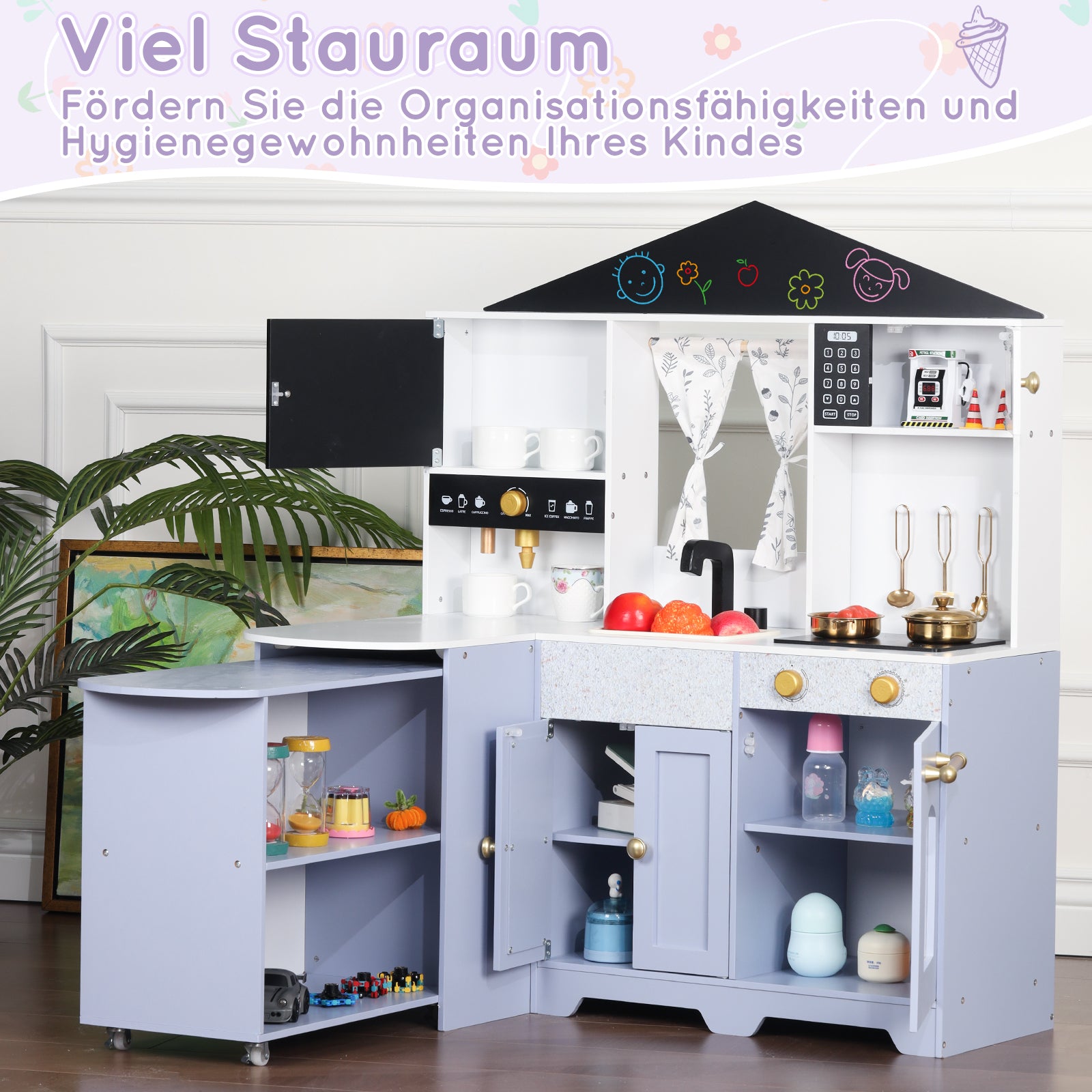Children's Play Kitchen with Creative House Design and Accessories, White and Purple
