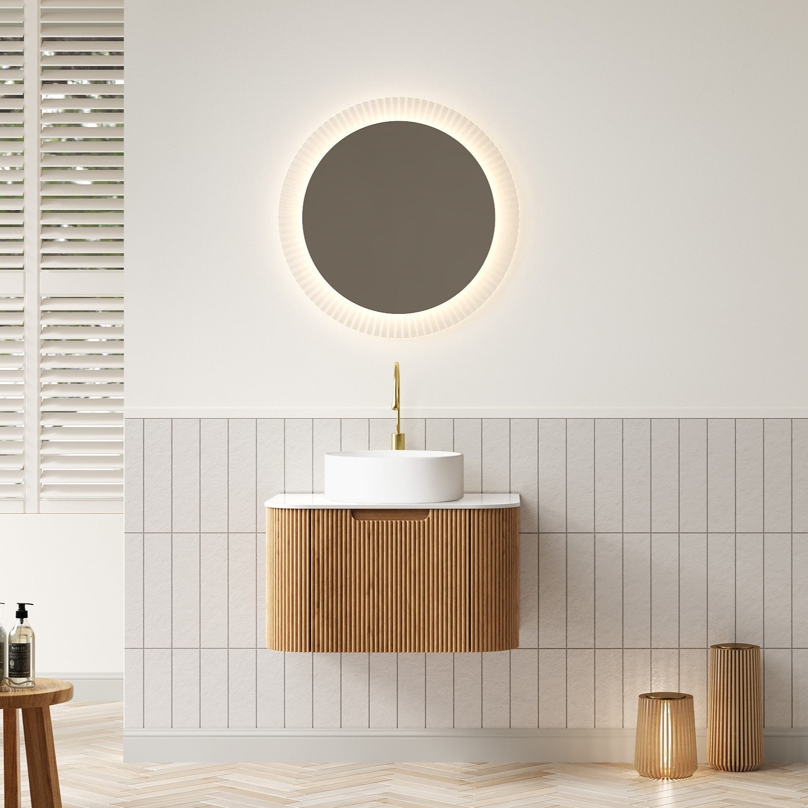 DINA 61cm Wall-Mounted Bathroom Vanity Unit with White Ceramic Basin, Plywood, Natural Wood Grain
