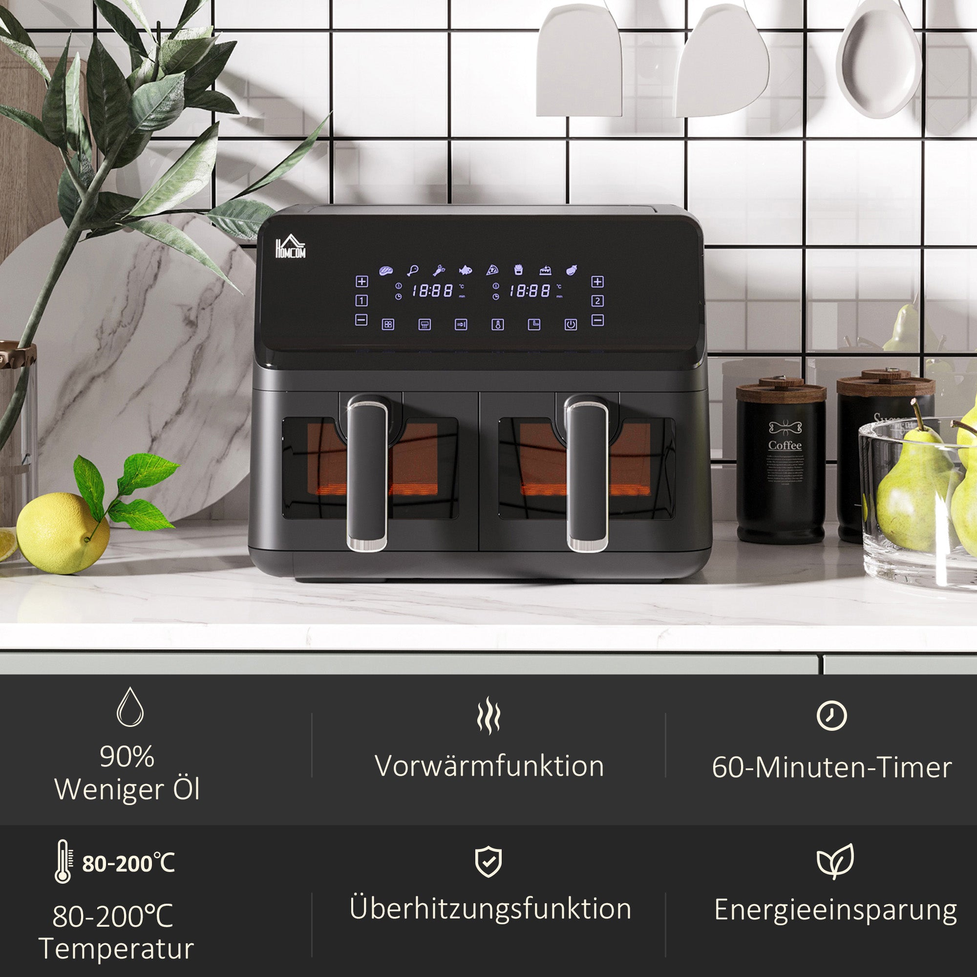 Air Fryer, Dual 4-Liter Baskets, 8 Programs, Black