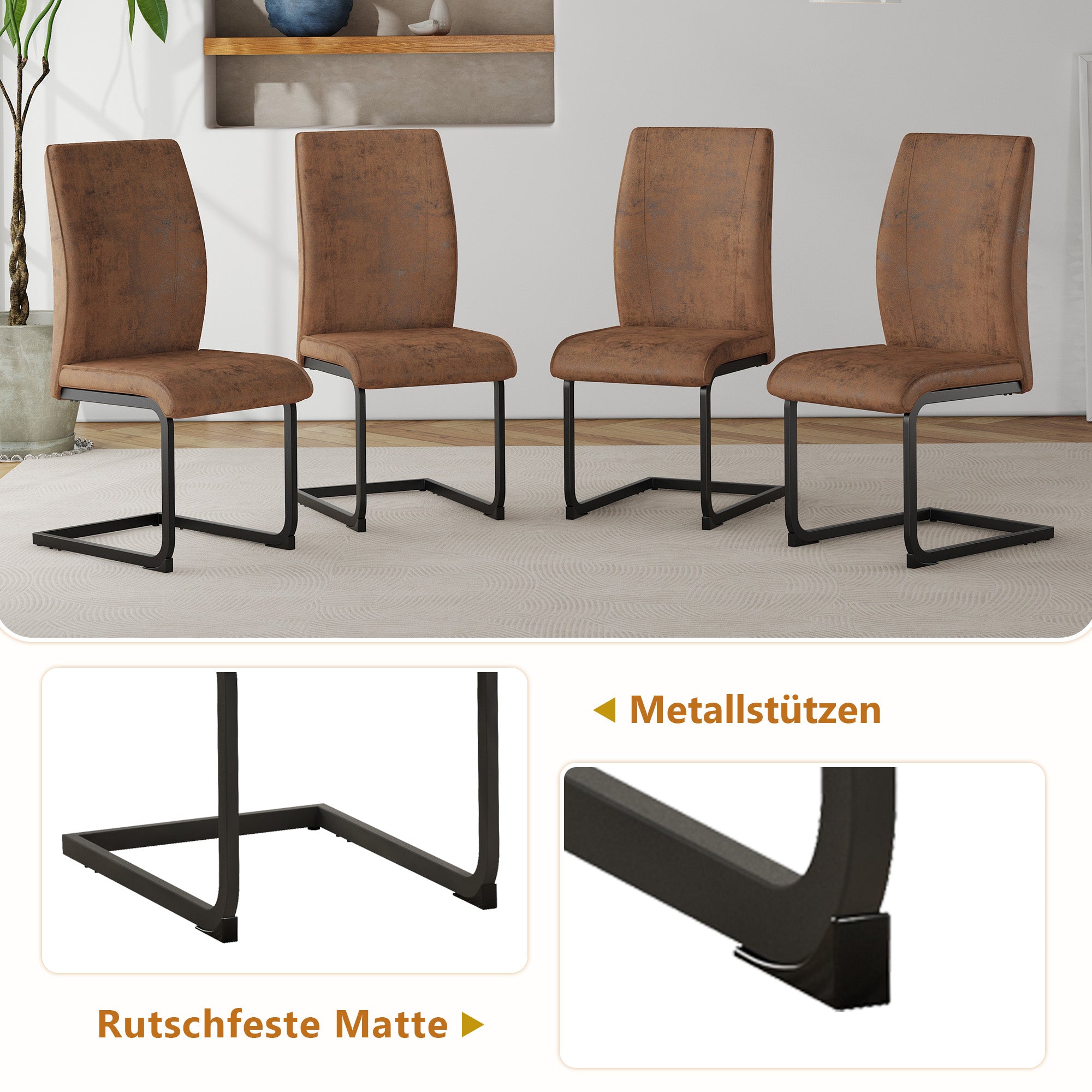 Table Set, Rectangular Dining Table with Storage Shelf & 4 Armchairs, Brown Tech Fabric