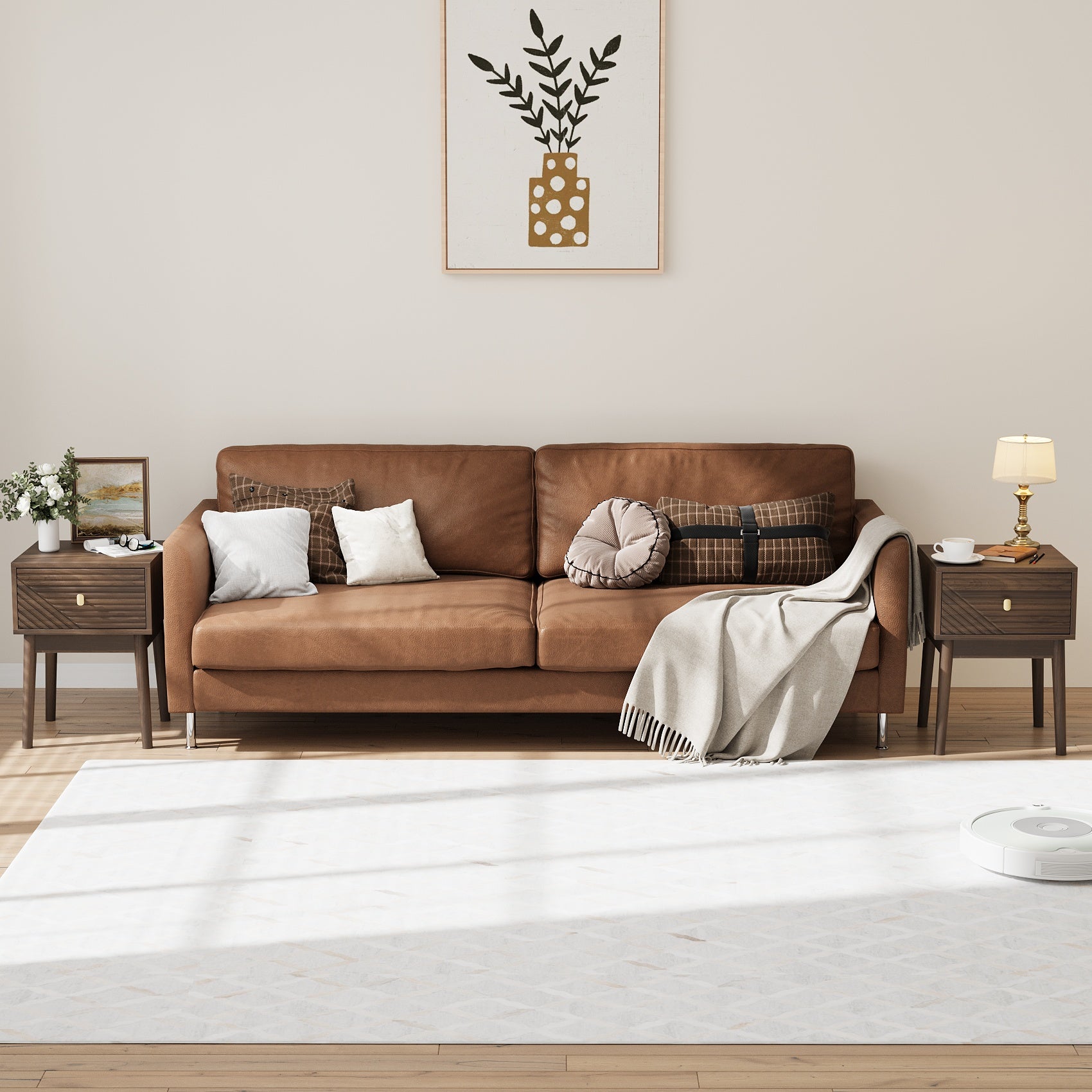 Mid-Century Modern Nightstand 2-Piece Set with Metal Handles - Walnut