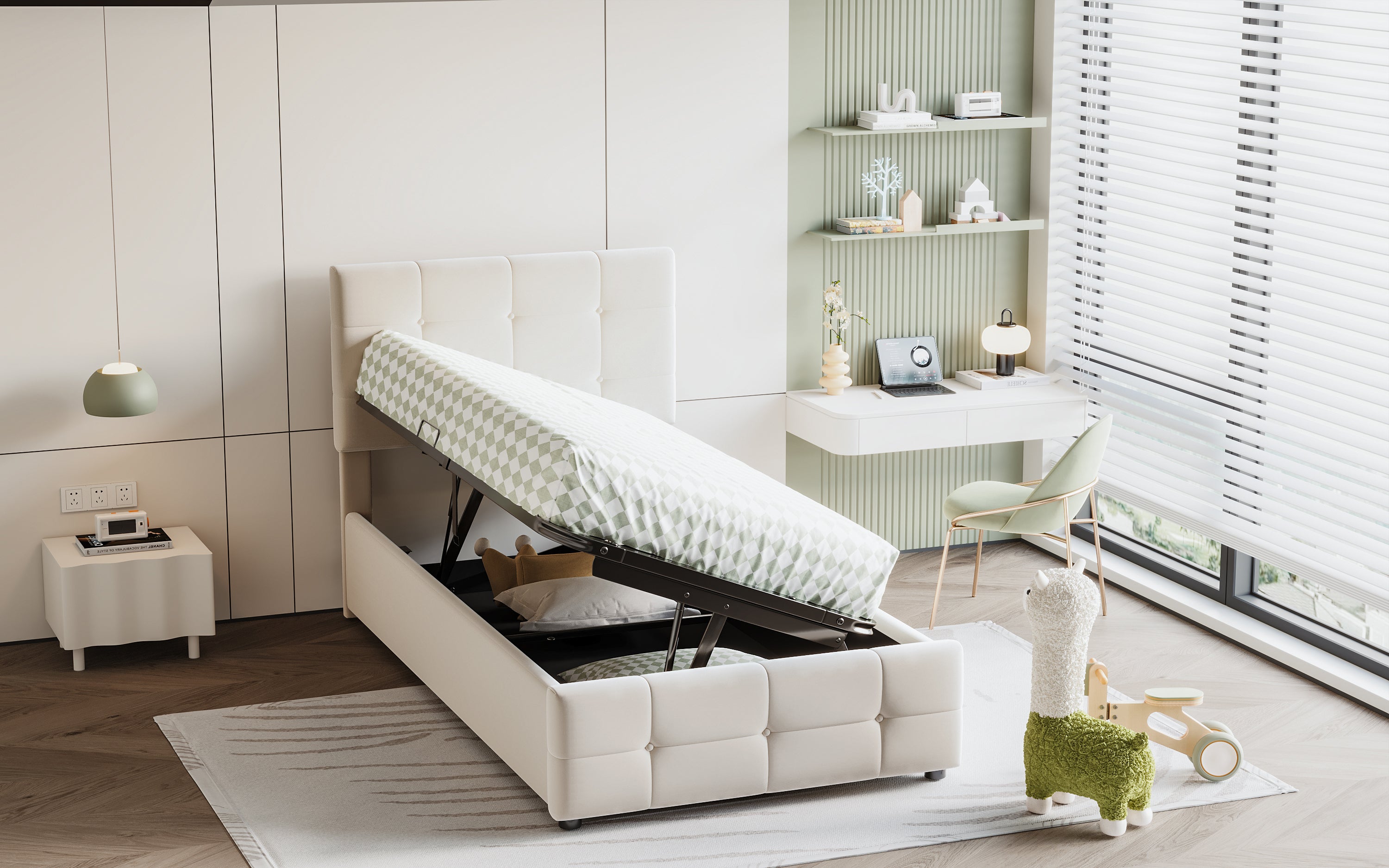 Upholstered Children's Bed 90x200cm, Hydraulic Storage, Adjustable Headboard, Velvet Beige