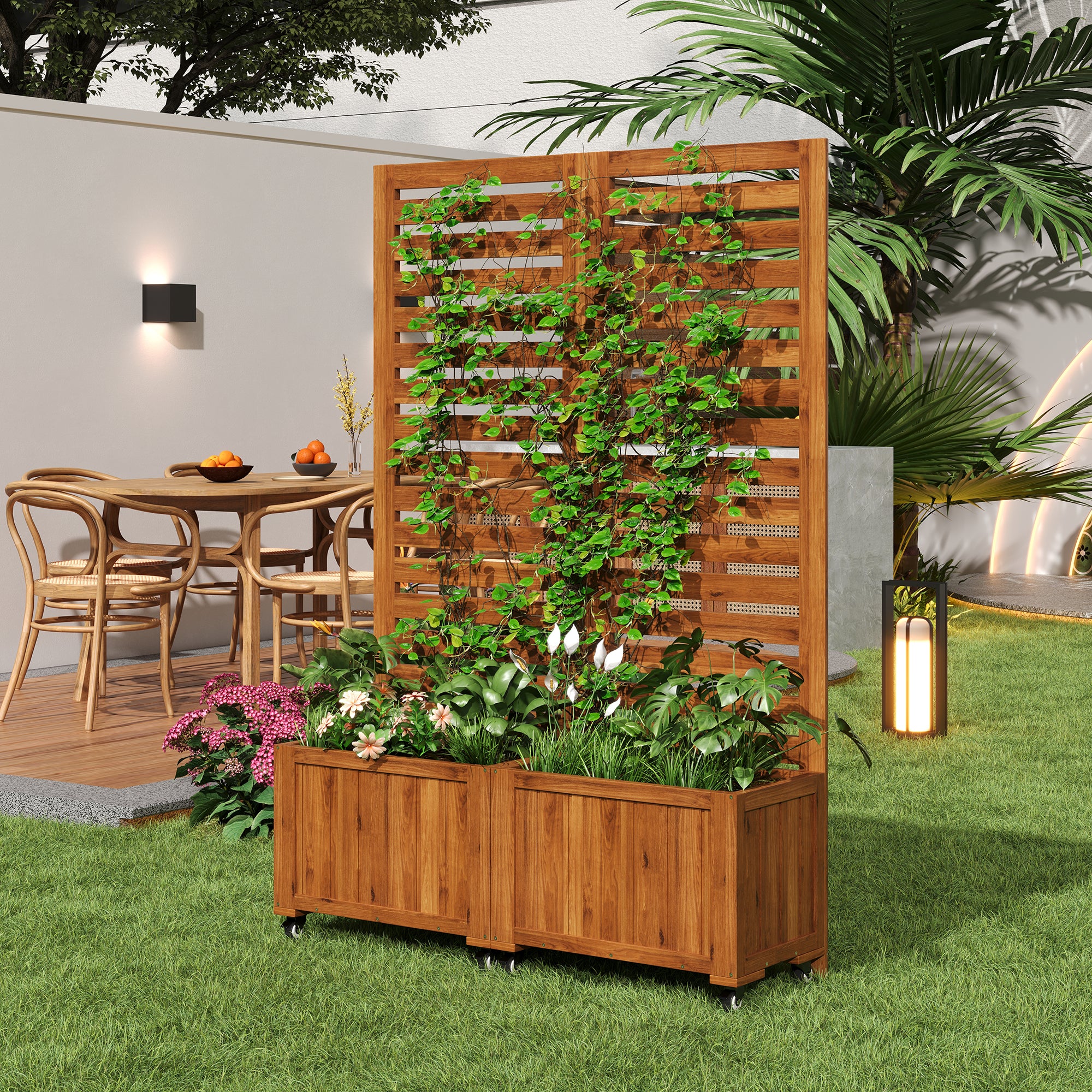 Plant Pot Planter Box with Trellis, Folding Wheels, Brown Solid Wood