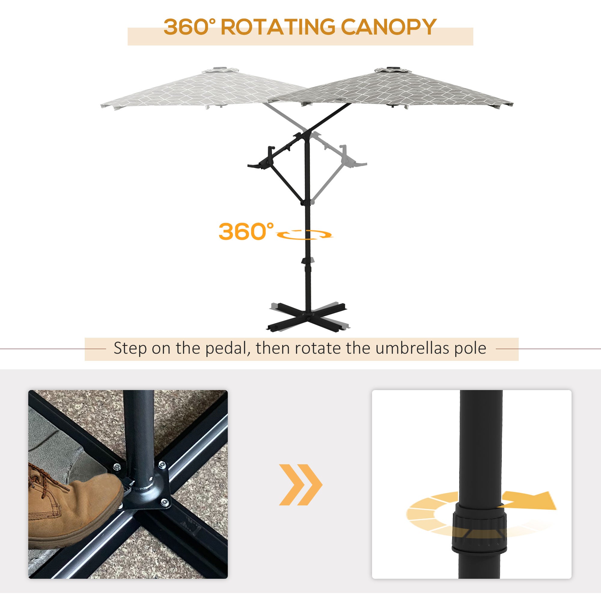 Convertible Cantilever Parasol, 3m, 360° Rotation, Black and White